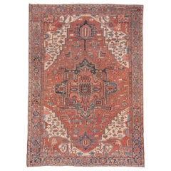 Finely Woven Antique Persian Serapi Carpet, Bright Red Field, Blue Borders