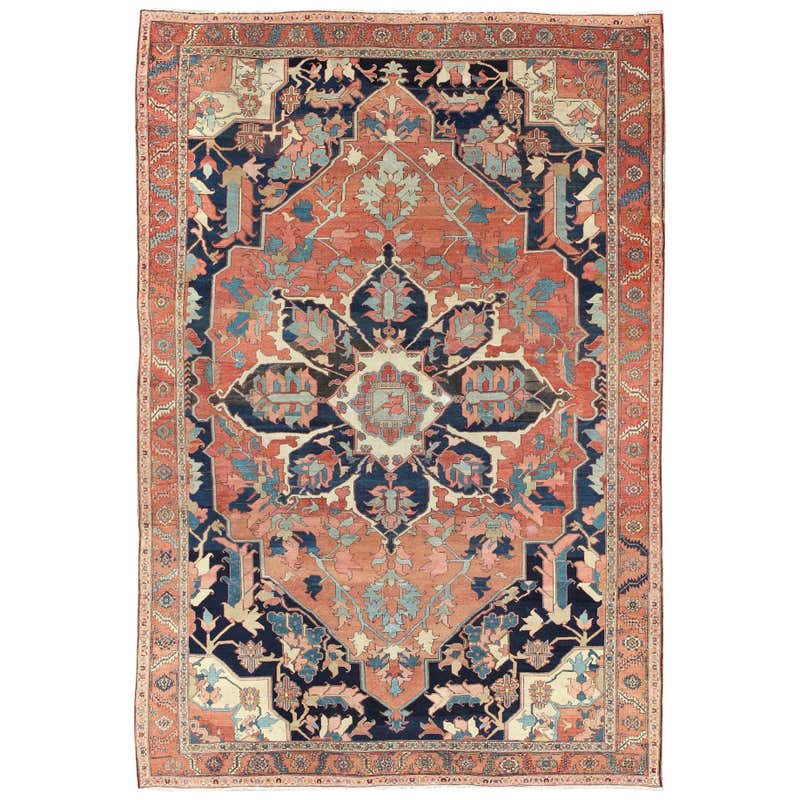 Finely Woven Antique Persian Serapi Rug with Bold Geometric Design For ...