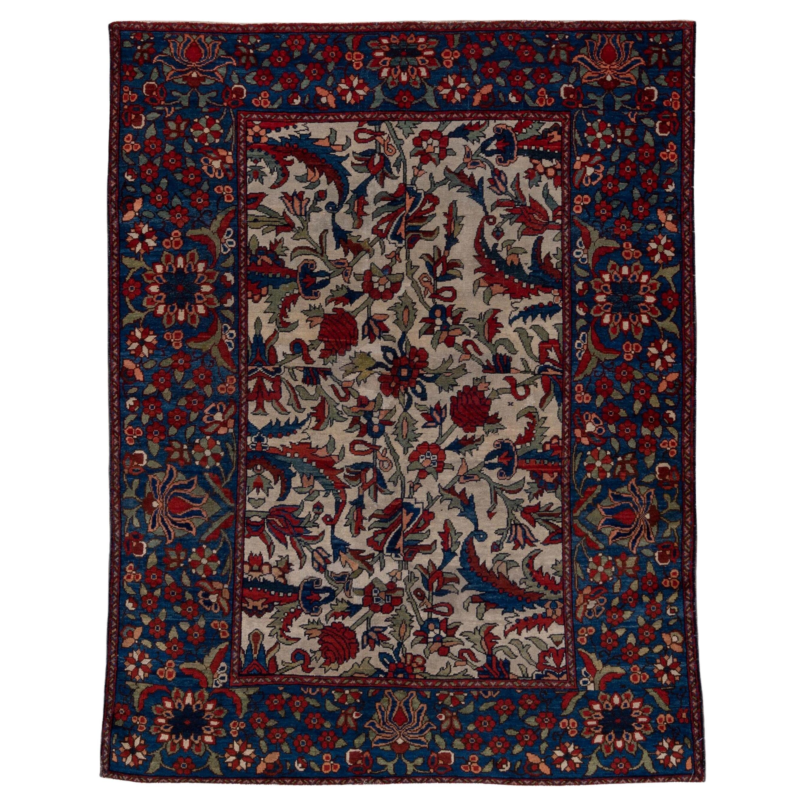 Finely Woven Antique Persian Sultanabad Rug, Ivory Field, Royal Blue Borders