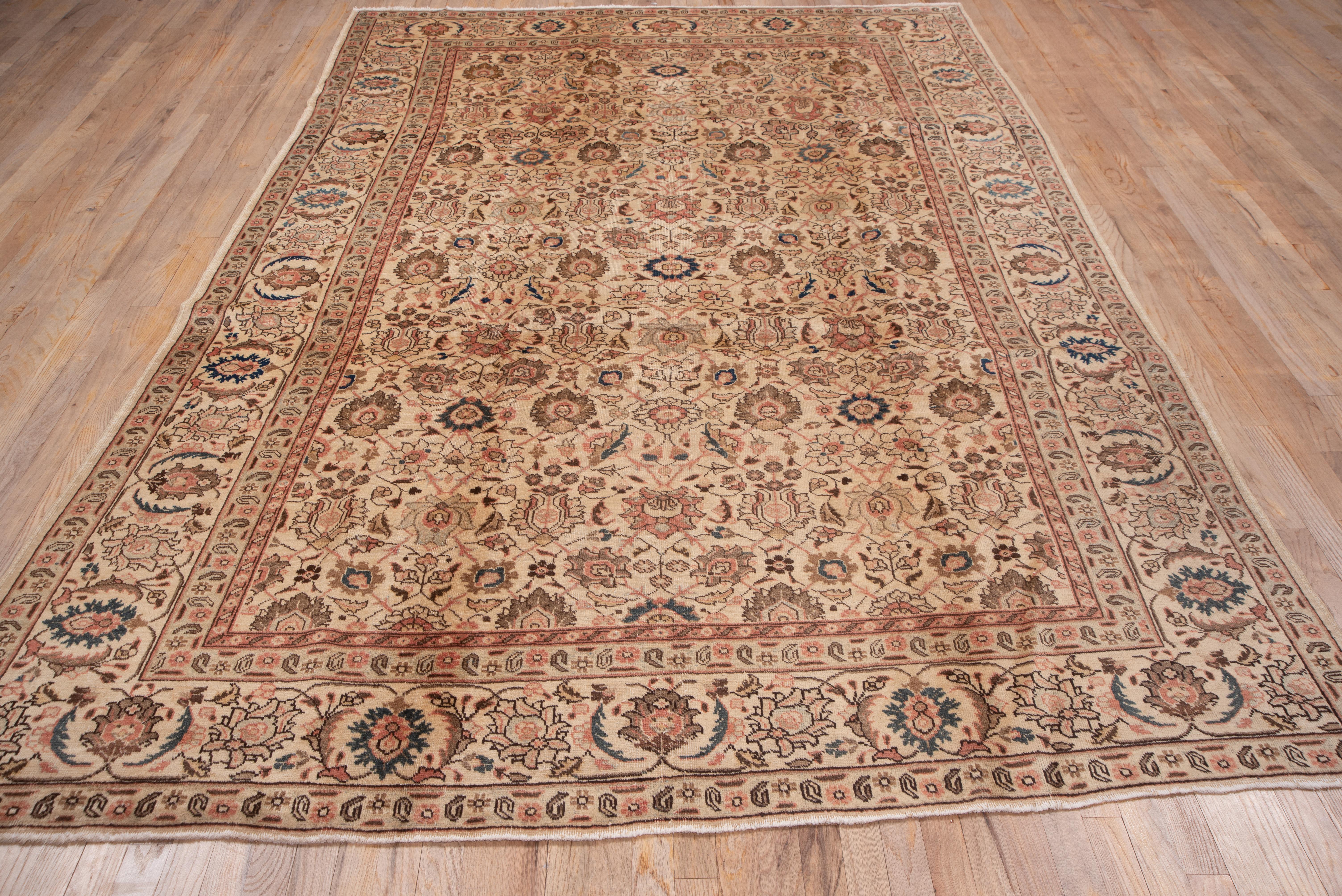 Finely Woven Antique Persian Tabriz Rug, Ivory Allover Field & Pink Accents In Good Condition In New York, NY
