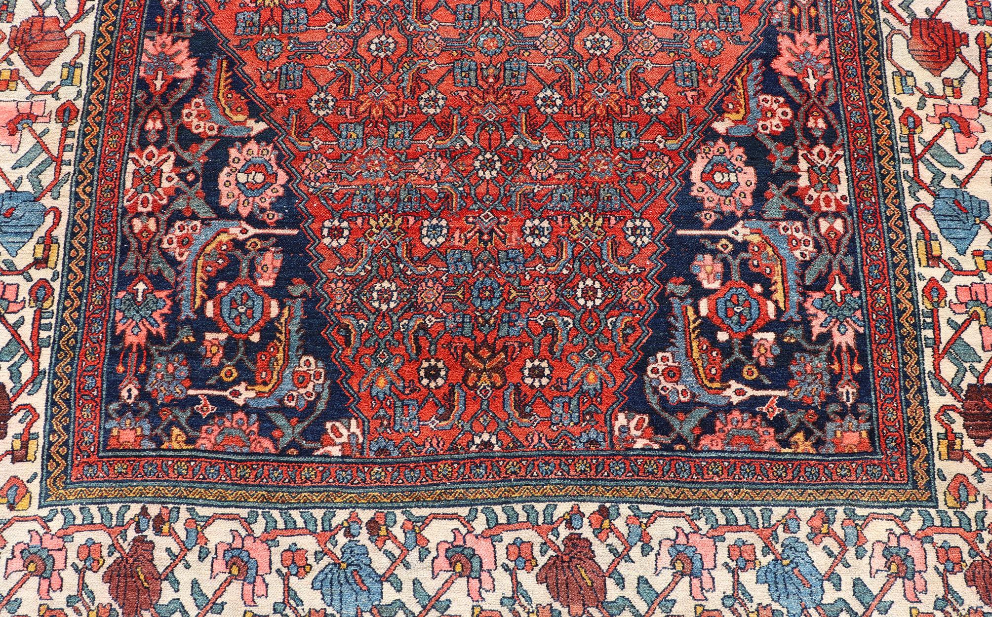 Finely Woven Large Antique Persian Gallery Rug in Rich Blue, Brick Red For Sale 3