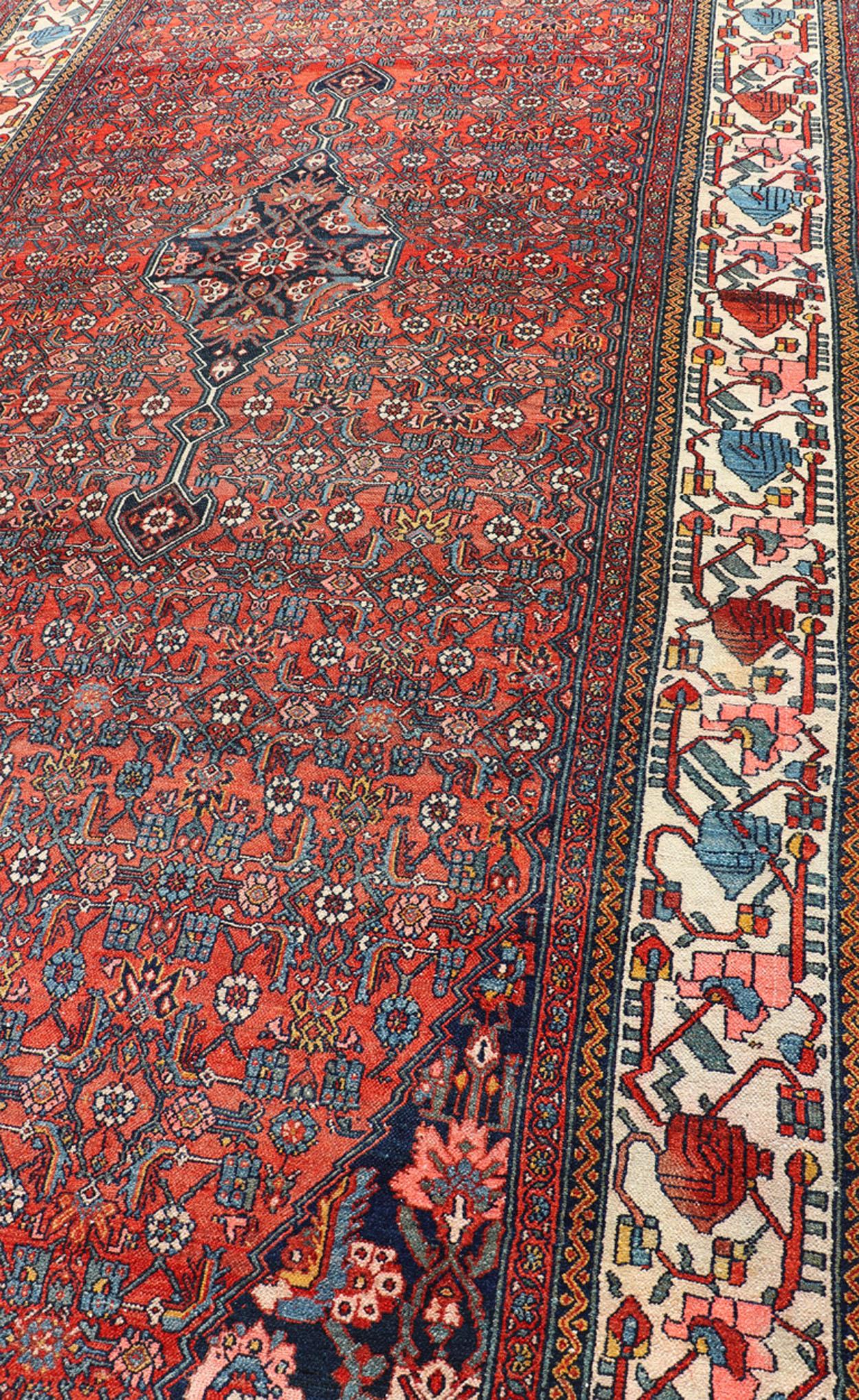 Finely Woven Large Antique Persian Gallery Rug in Rich Blue, Brick Red For Sale 9