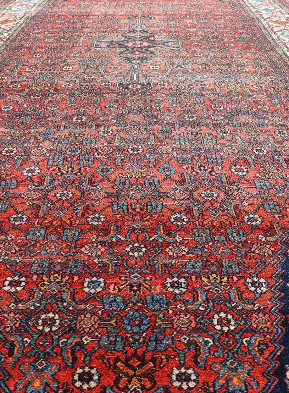Finely Woven Large Antique Persian Gallery Rug in Rich Blue, Brick Red For Sale 11