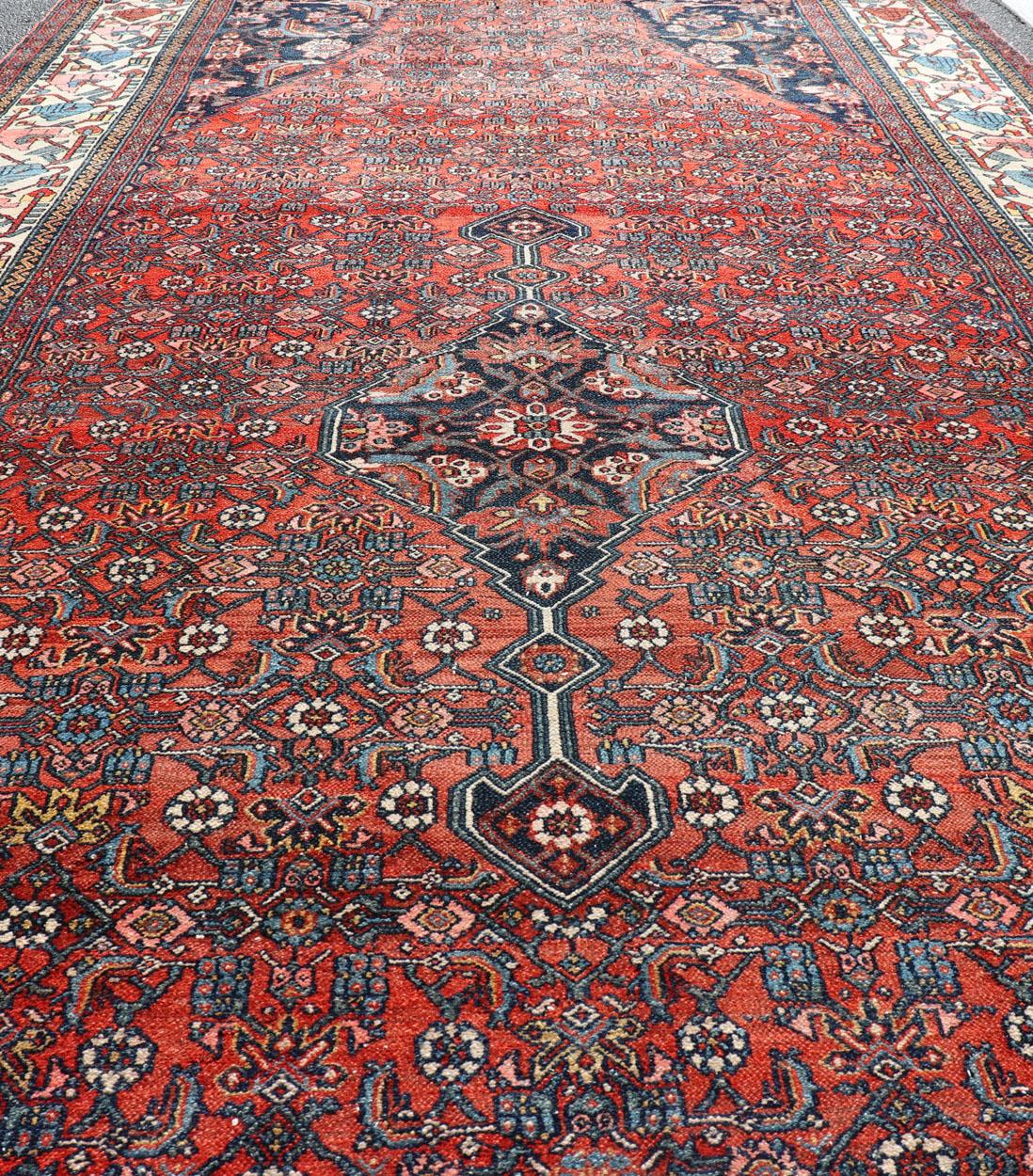 Finely Woven Large Antique Persian Gallery Rug in Rich Blue, Brick Red For Sale 12