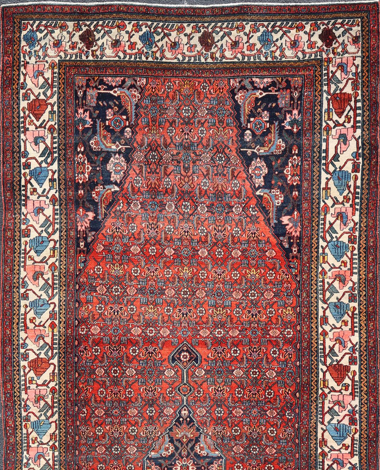 Khorassan Finely Woven Large Antique Persian Gallery Rug in Rich Blue, Brick Red For Sale