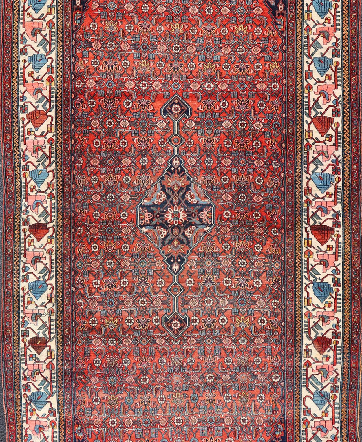 Hand-Knotted Finely Woven Large Antique Persian Gallery Rug in Rich Blue, Brick Red For Sale