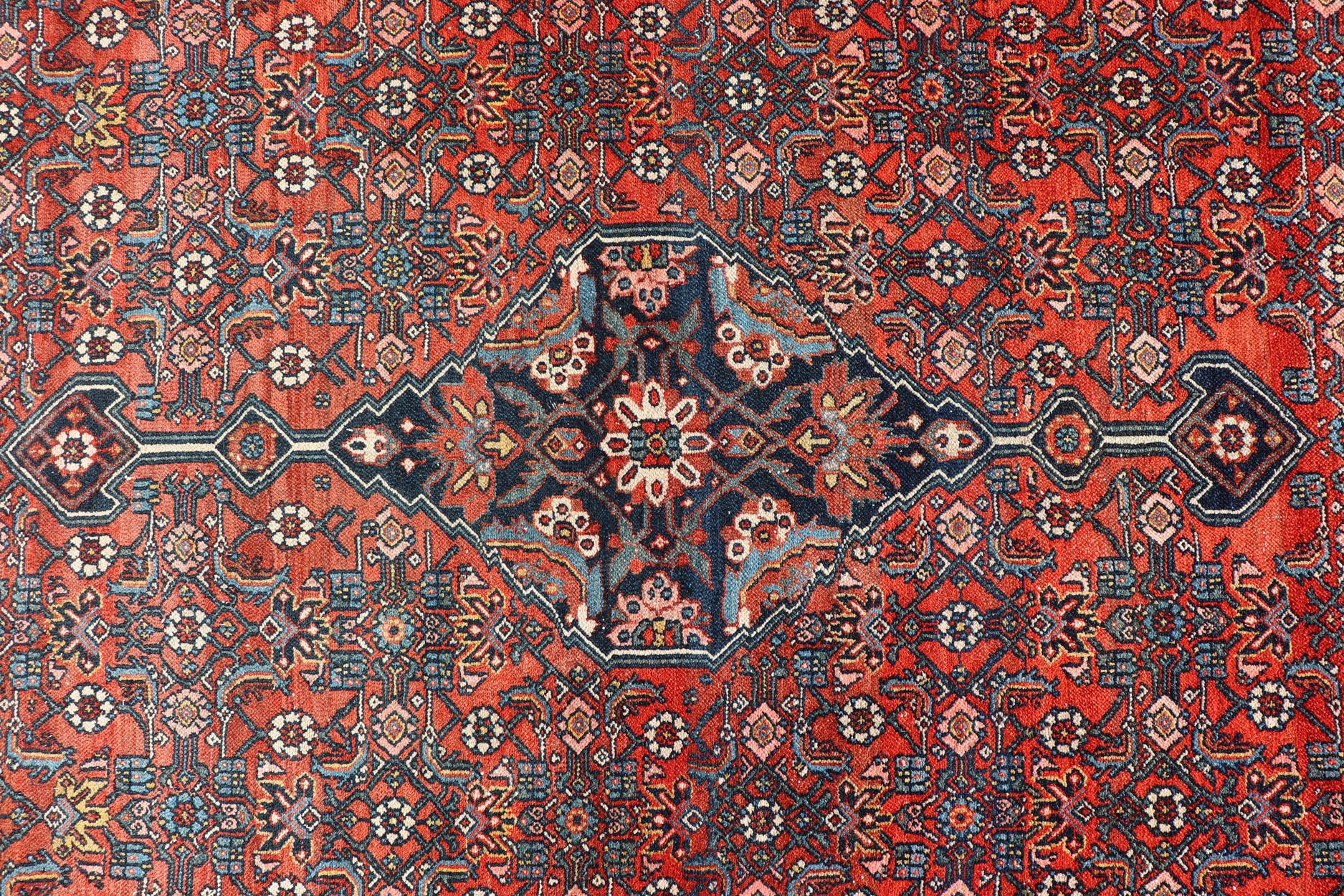 Finely Woven Large Antique Persian Gallery Rug in Rich Blue, Brick Red In Excellent Condition For Sale In Atlanta, GA