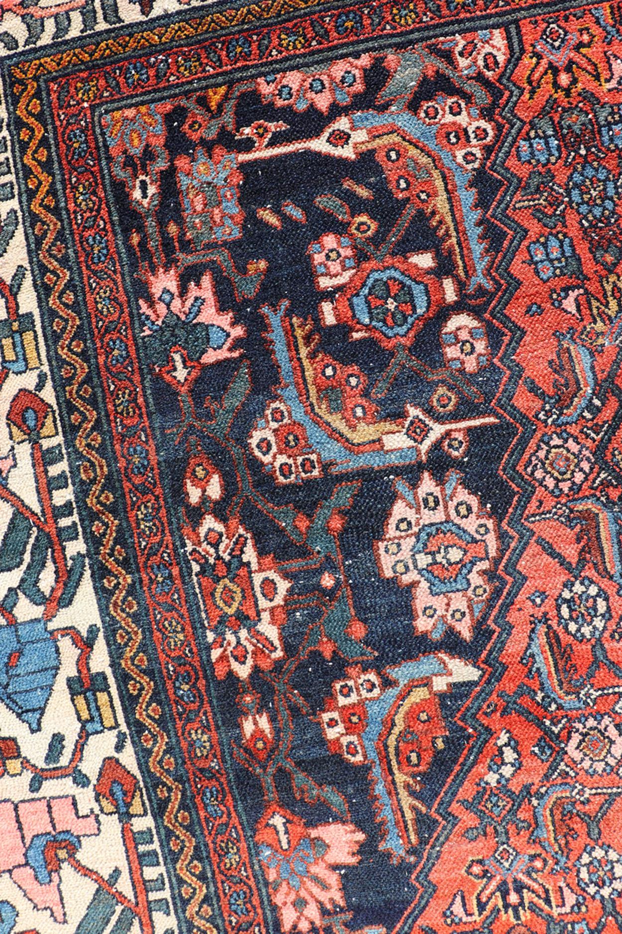 20th Century Finely Woven Large Antique Persian Gallery Rug in Rich Blue, Brick Red For Sale