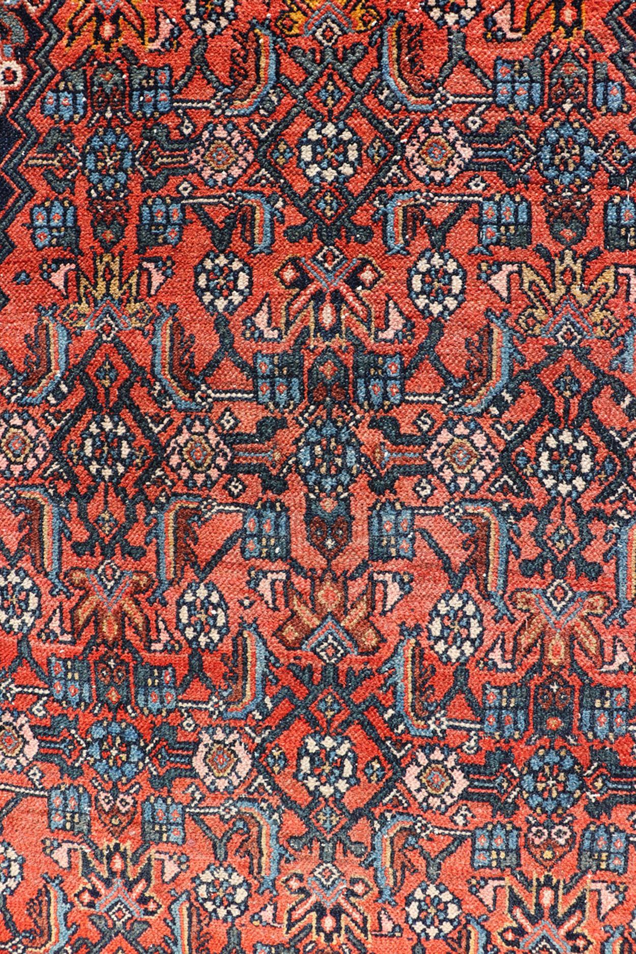 Wool Finely Woven Large Antique Persian Gallery Rug in Rich Blue, Brick Red For Sale
