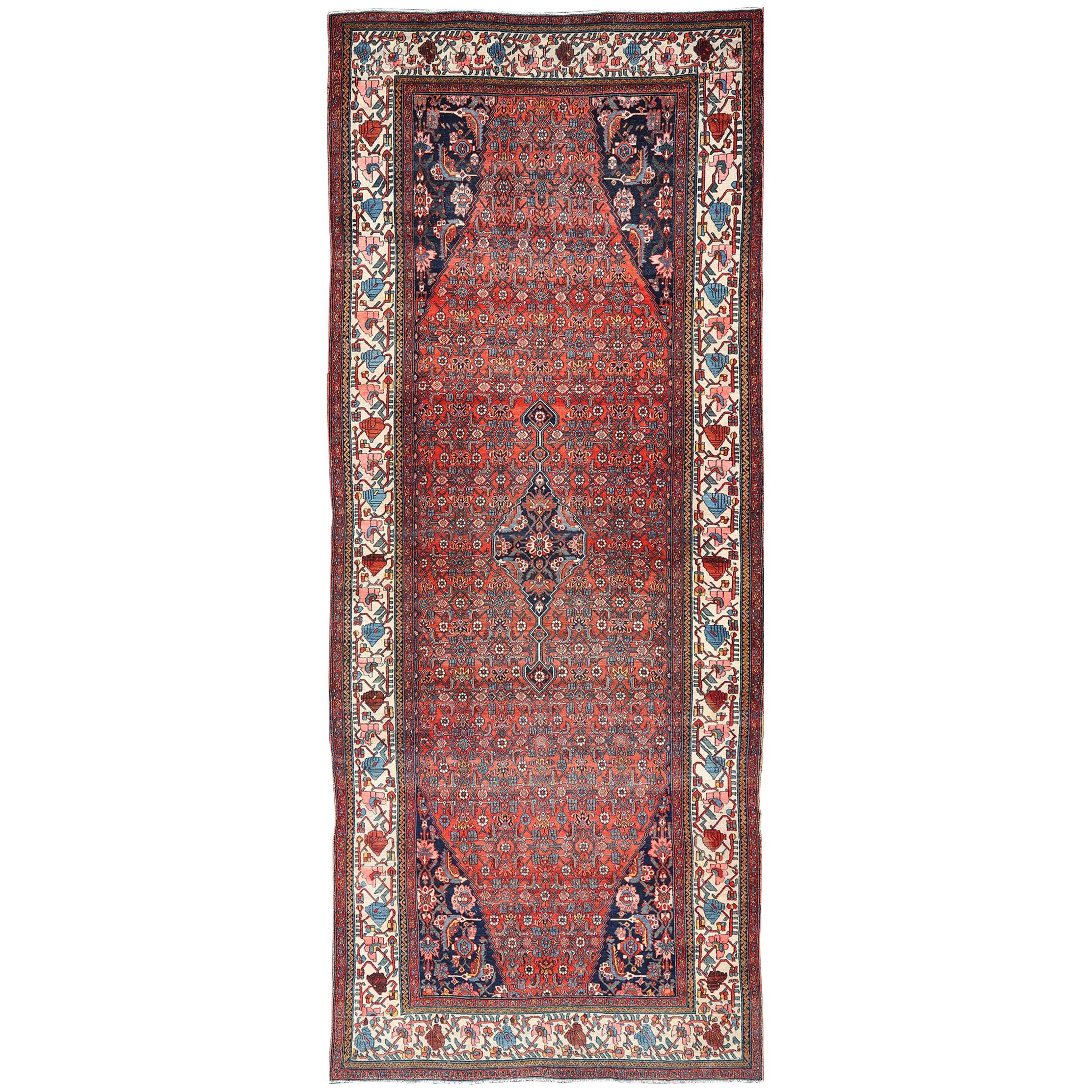 Finely Woven Large Antique Persian Gallery Rug in Rich Blue, Brick Red For Sale