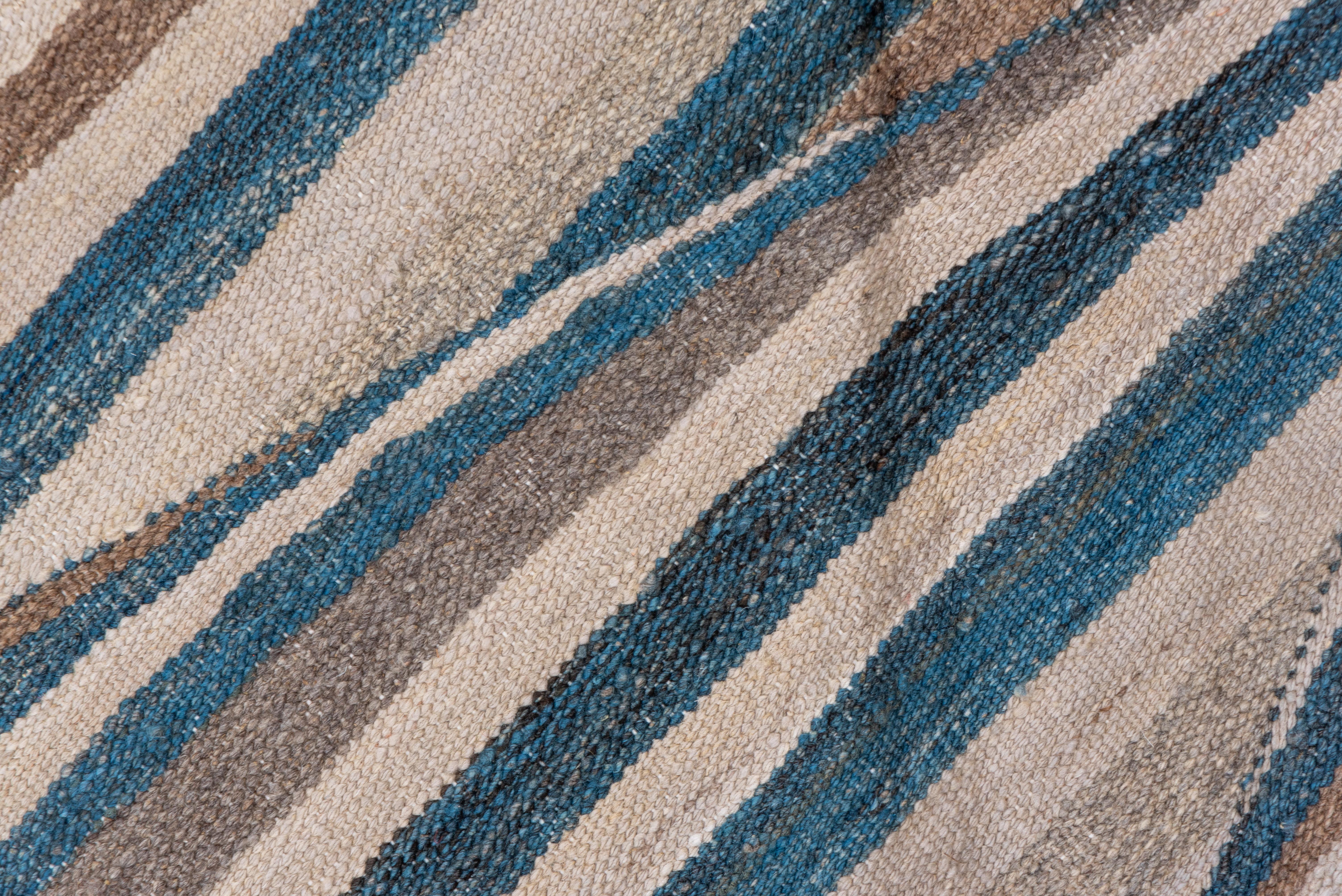 Finely Woven Modern Afghan Flatweave Rug, Taupe, Blue & Brown Palette In Excellent Condition For Sale In New York, NY