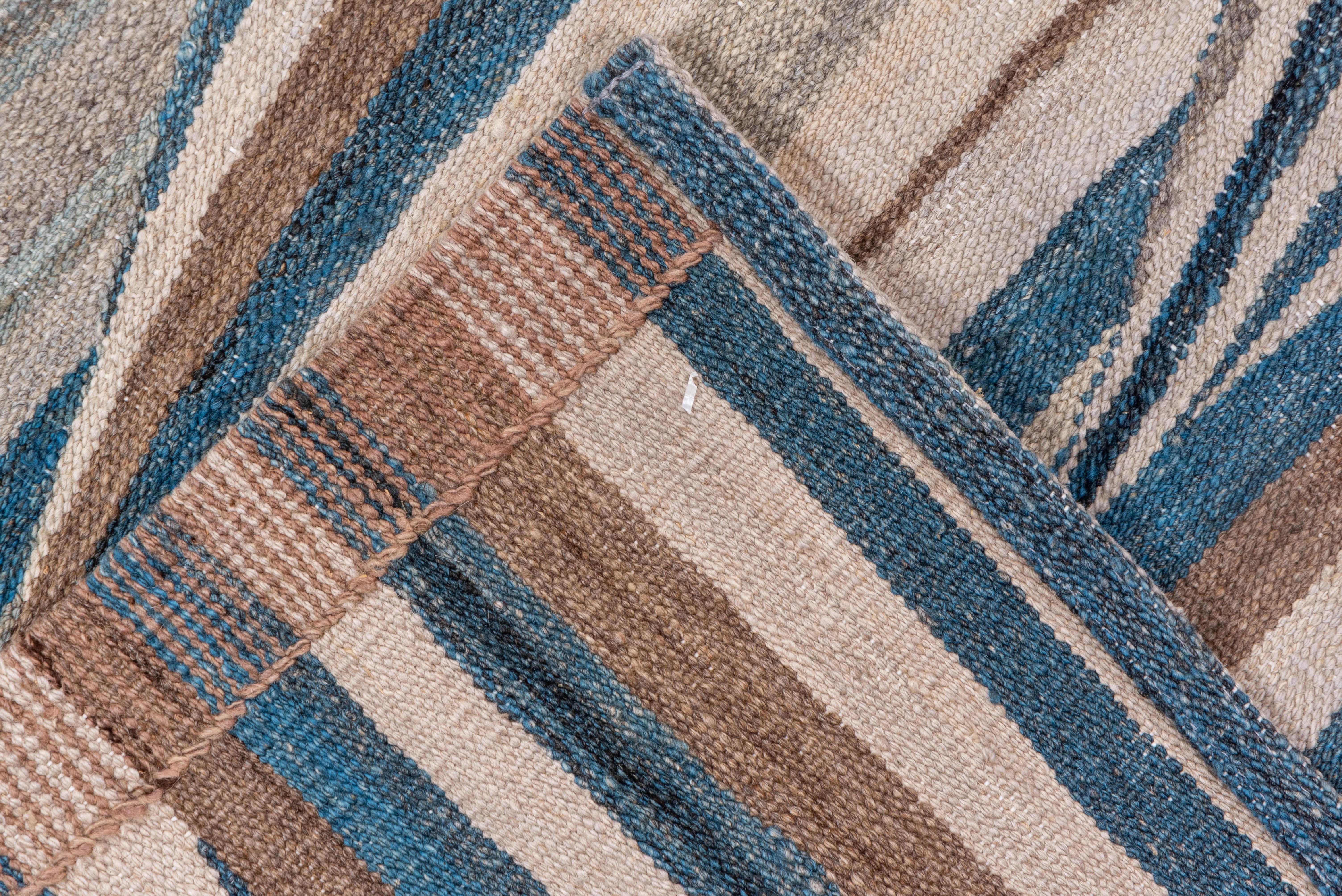 Contemporary Finely Woven Modern Afghan Flatweave Rug, Taupe, Blue & Brown Palette For Sale