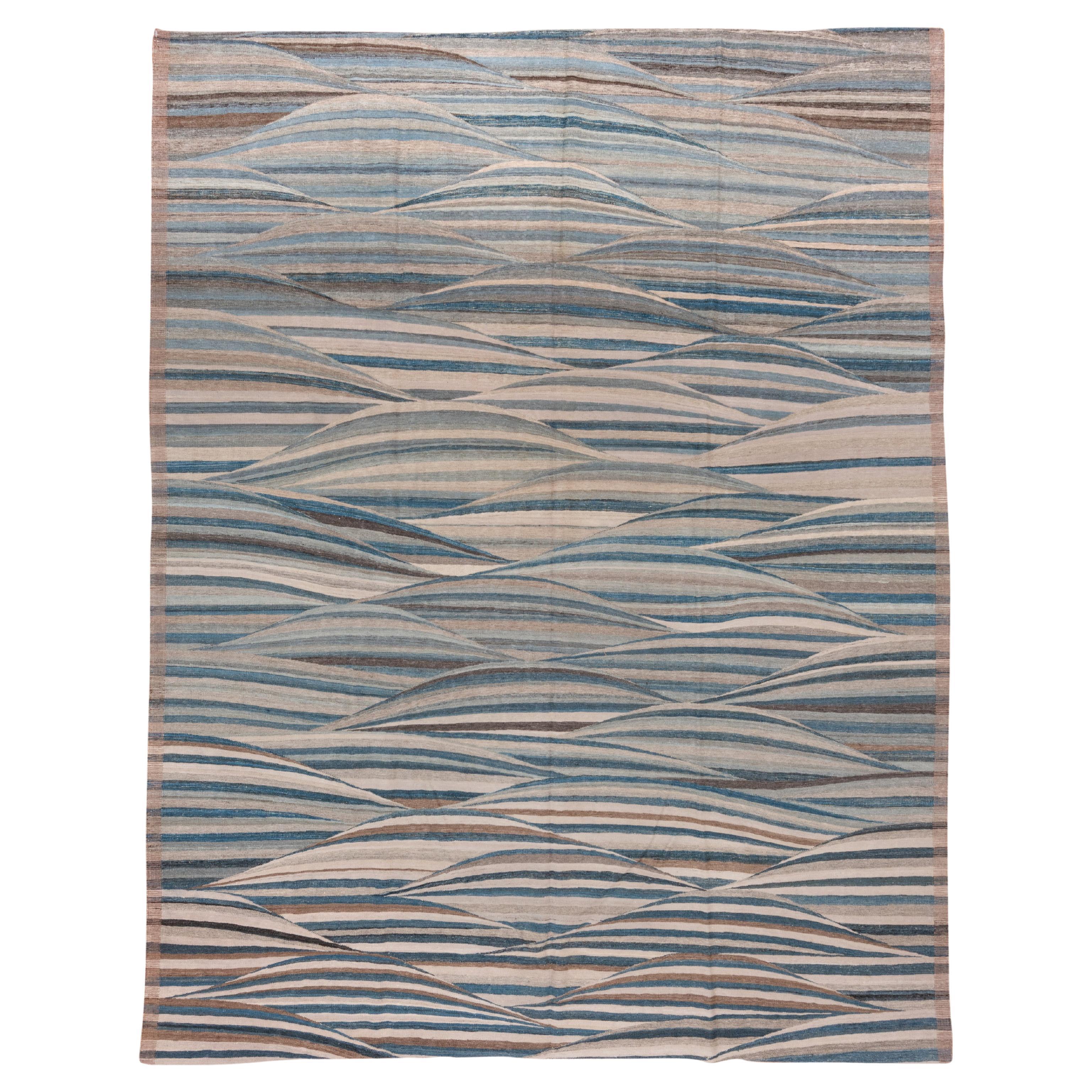 Finely Woven Modern Afghan Flatweave Rug, Taupe, Blue & Brown Palette