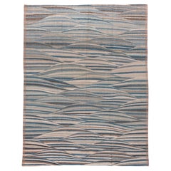 Finely Woven Modern Afghan Flatweave Rug, Taupe, Blue & Brown Palette