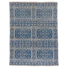 Finely Woven Modern Indian Rug, Hangknotted, Royal Blue & Cream Palette