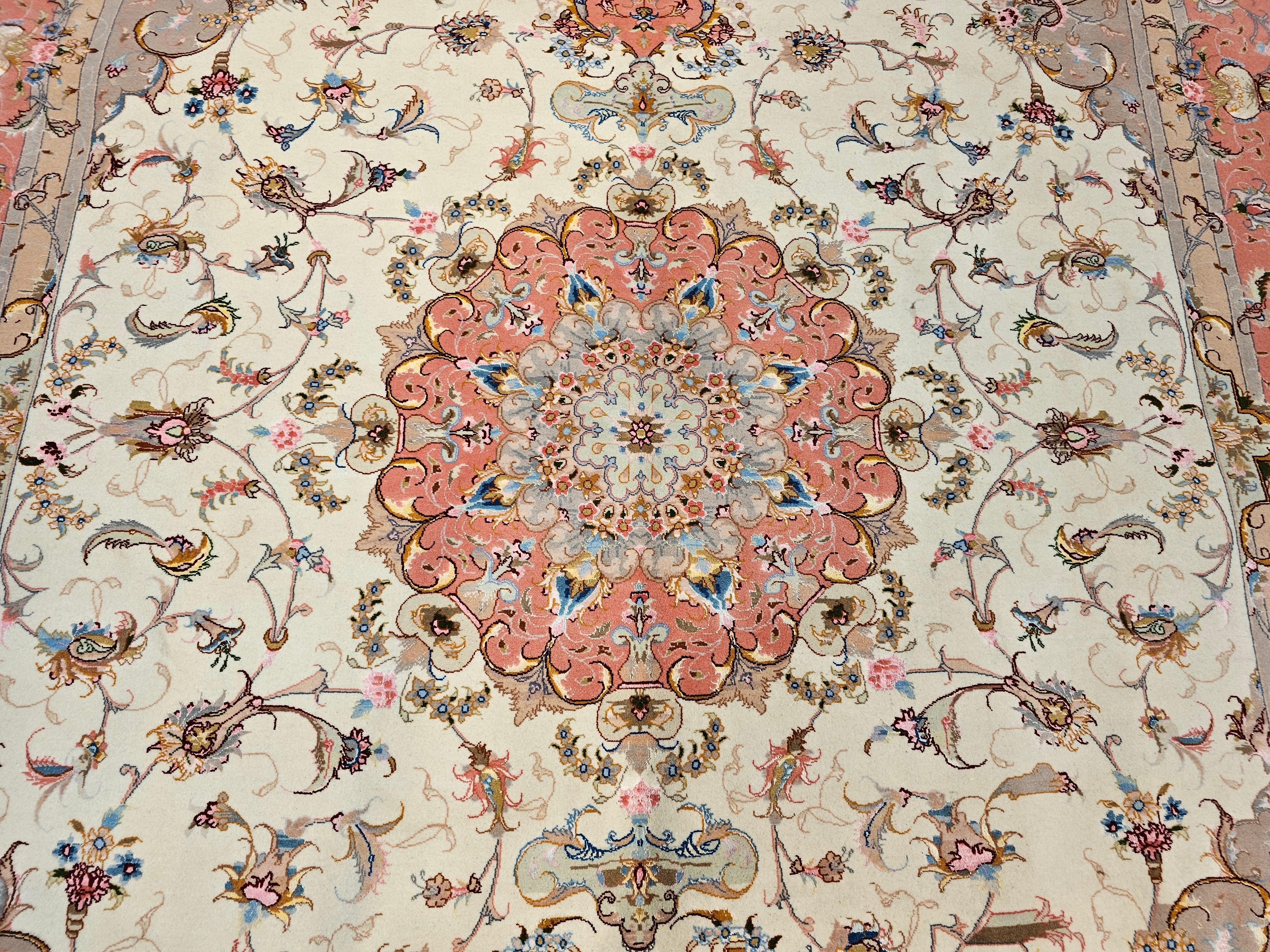 Finely Woven Persian Tabriz Room Size Rug in Floral Pattern in Ivory, Salmon For Sale 5