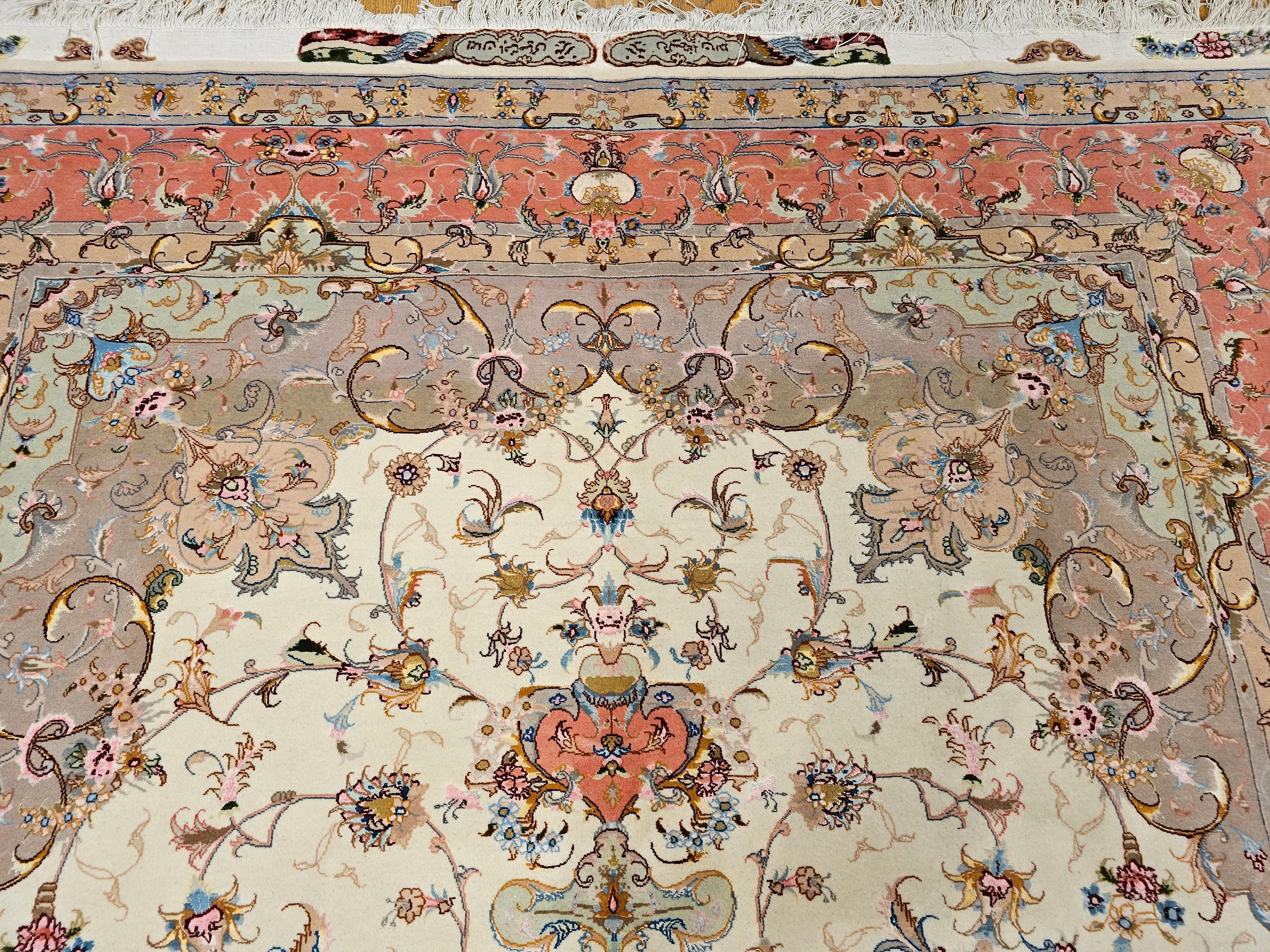 Finely Woven Persian Tabriz Room Size Rug in Floral Pattern in Ivory, Salmon For Sale 6