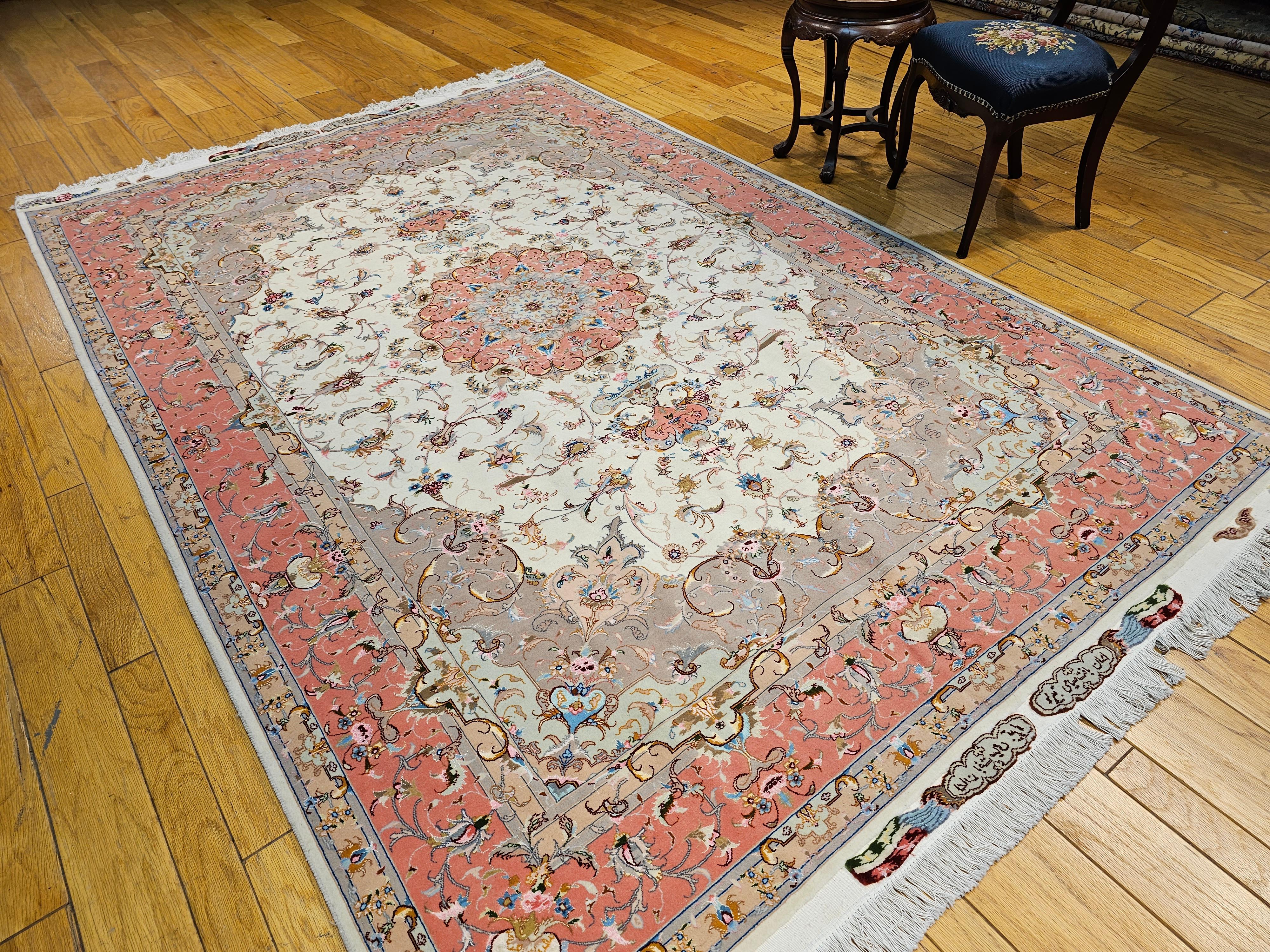 Finely Woven Persian Tabriz Room Size Rug in Floral Pattern in Ivory, Salmon For Sale 7