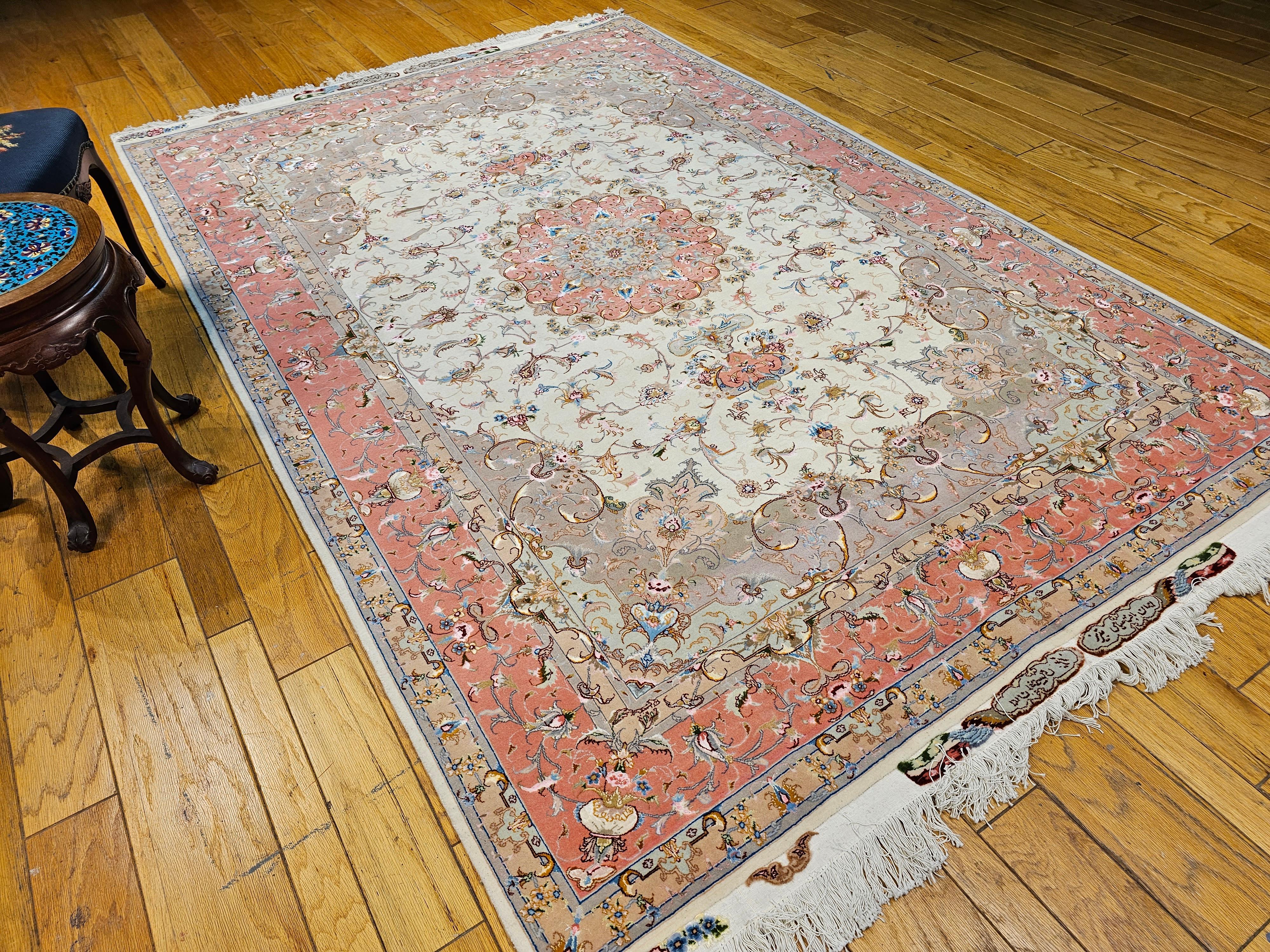 Finely Woven Persian Tabriz Room Size Rug in Floral Pattern in Ivory, Salmon For Sale 9