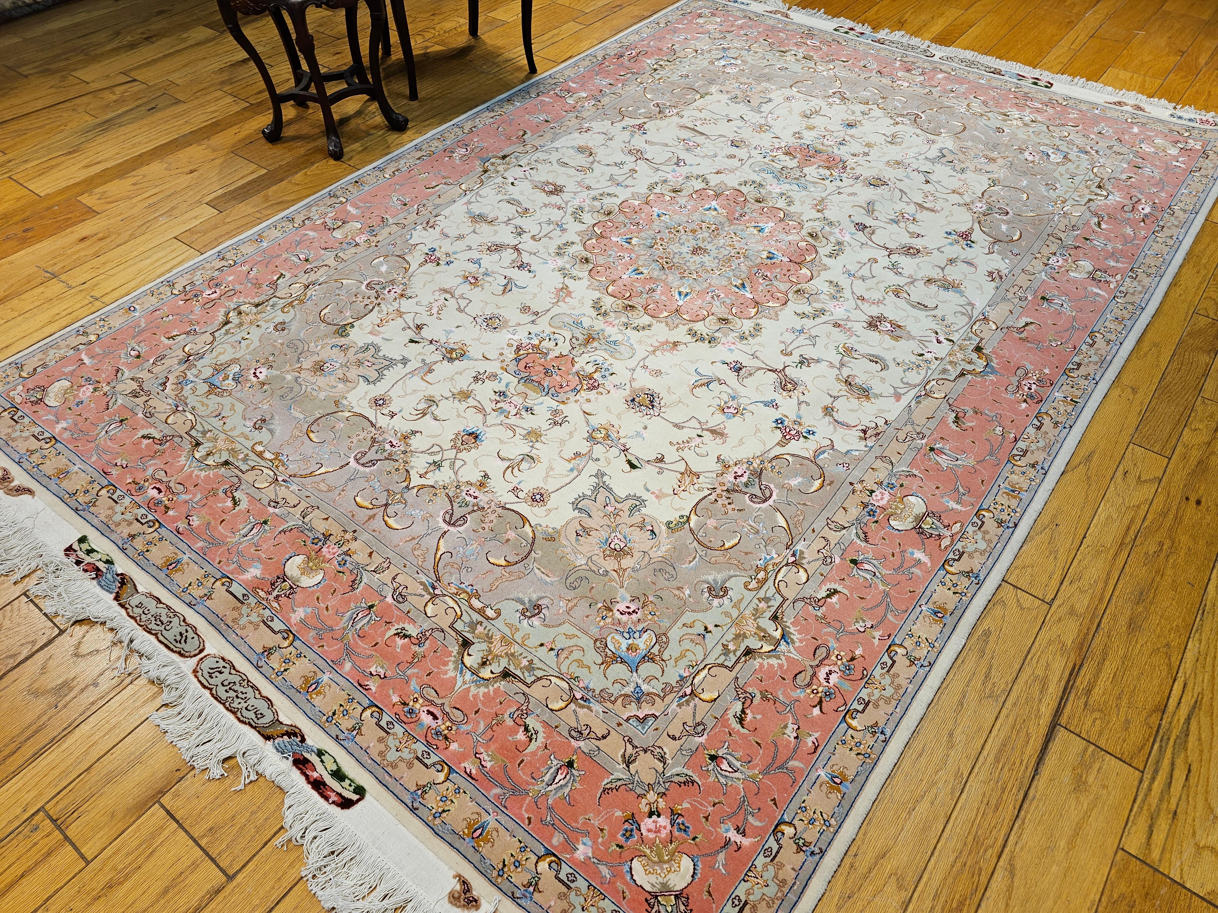 Finely Woven Persian Tabriz Room Size Rug in Floral Pattern in Ivory, Salmon For Sale 10