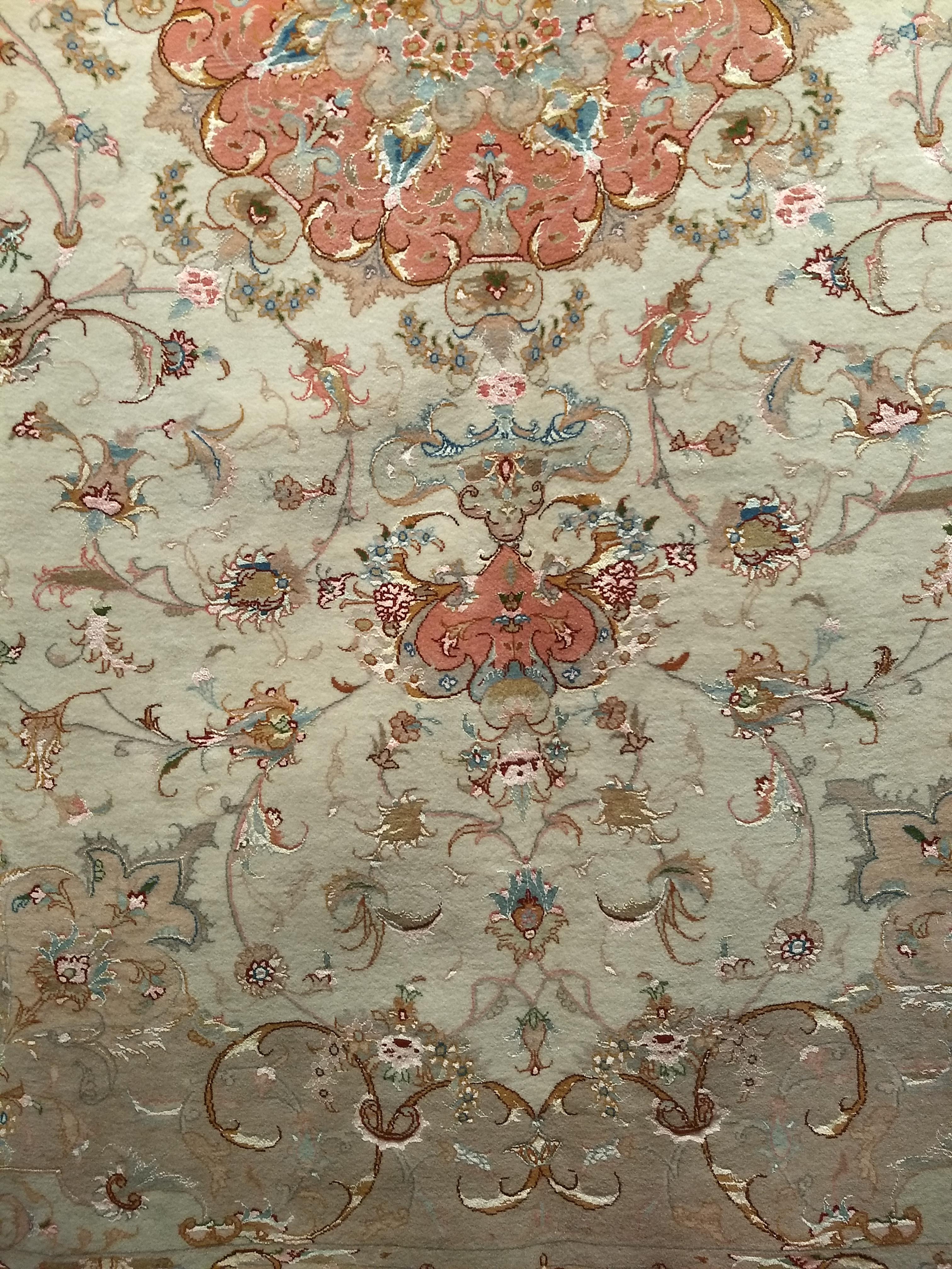Finely Woven Persian Tabriz Room Size Rug in Floral Pattern in Ivory, Salmon In Excellent Condition For Sale In Barrington, IL
