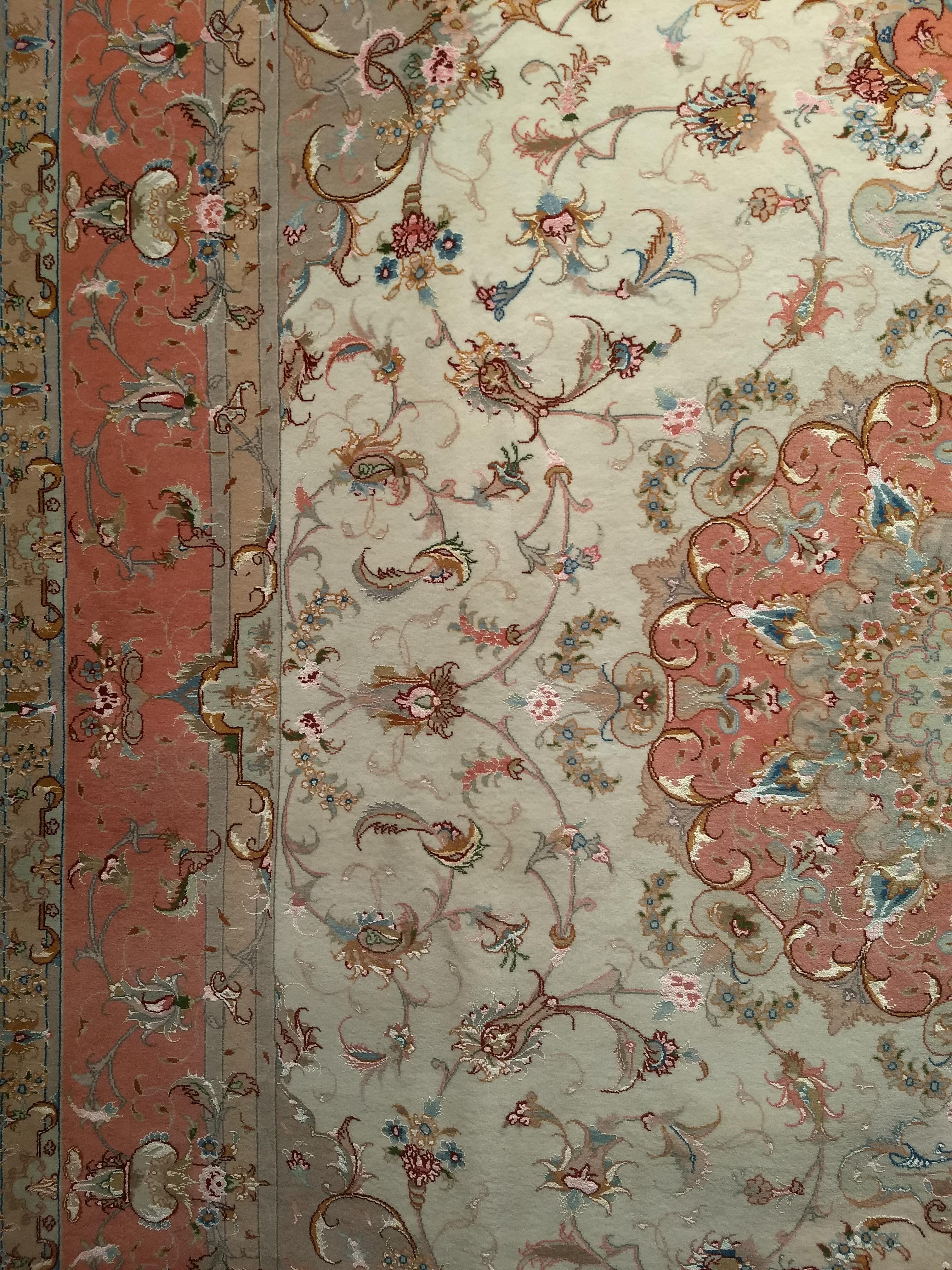 Wool Finely Woven Persian Tabriz Room Size Rug in Floral Pattern in Ivory, Salmon For Sale