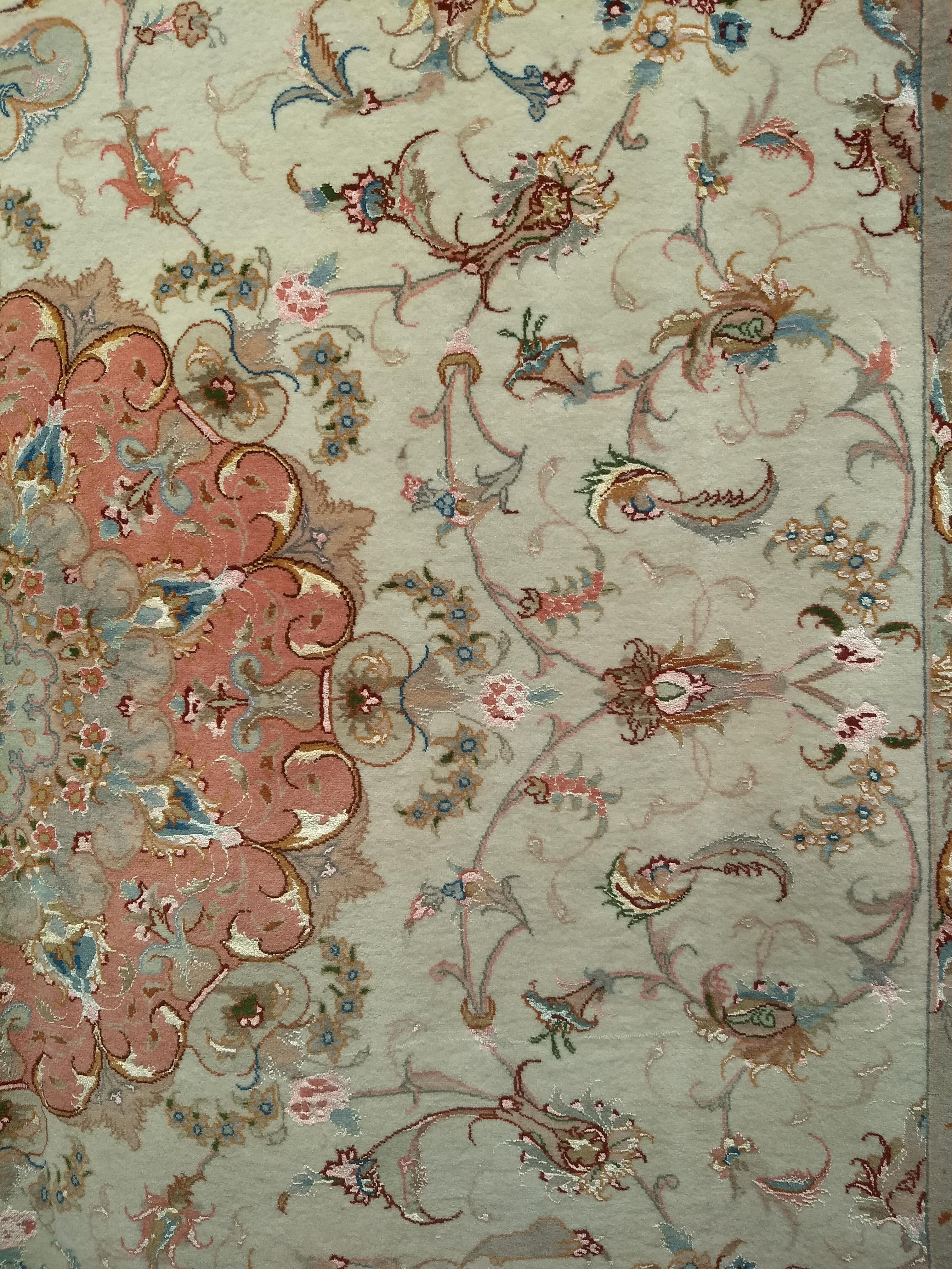 Finely Woven Persian Tabriz Room Size Rug in Floral Pattern in Ivory, Salmon For Sale 2