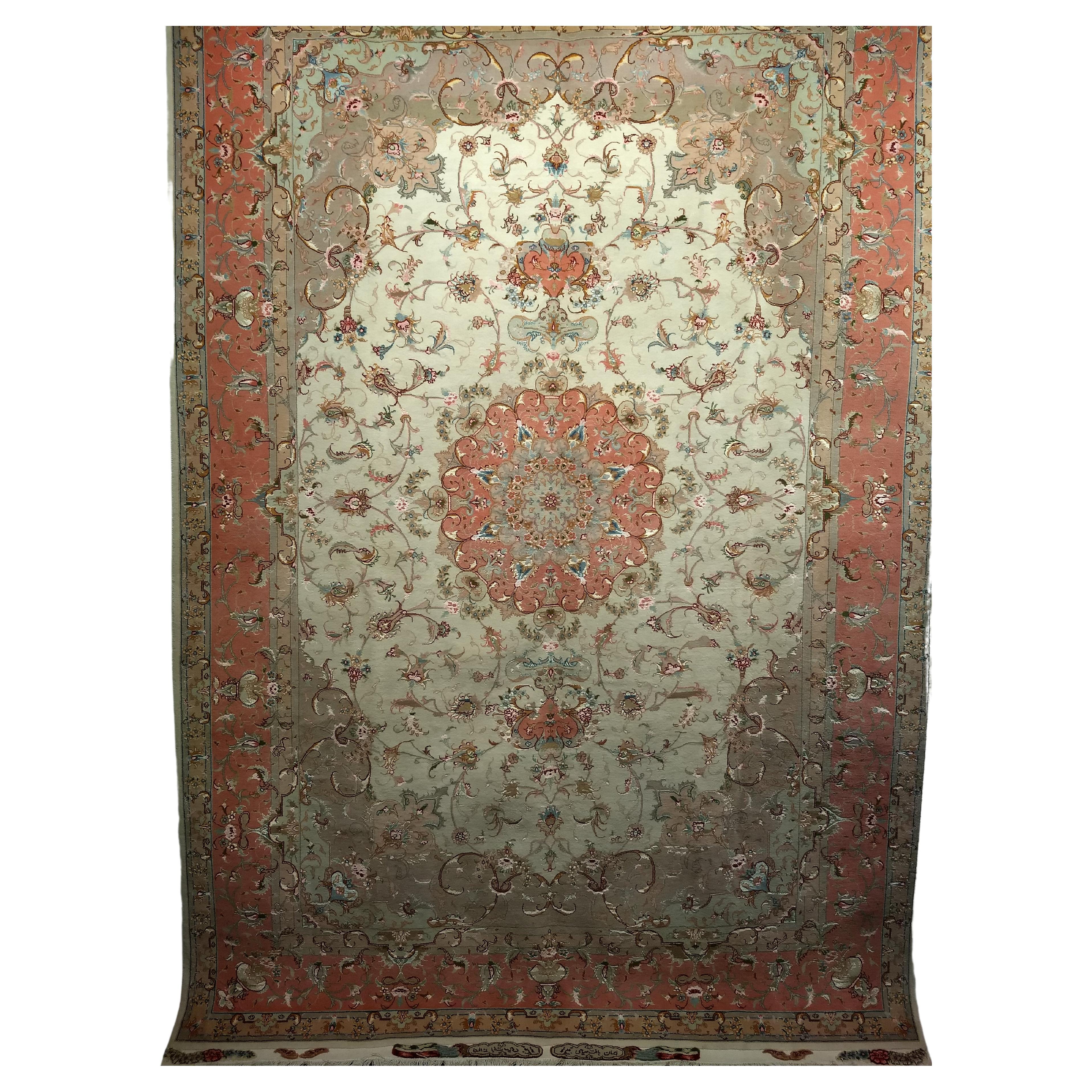 Finely Woven Persian Tabriz Room Size Rug in Floral Pattern in Ivory, Salmon For Sale