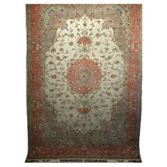 Vintage Finely Woven Persian Tabriz Room Size Rug in Floral Pattern in Ivory, Salmon