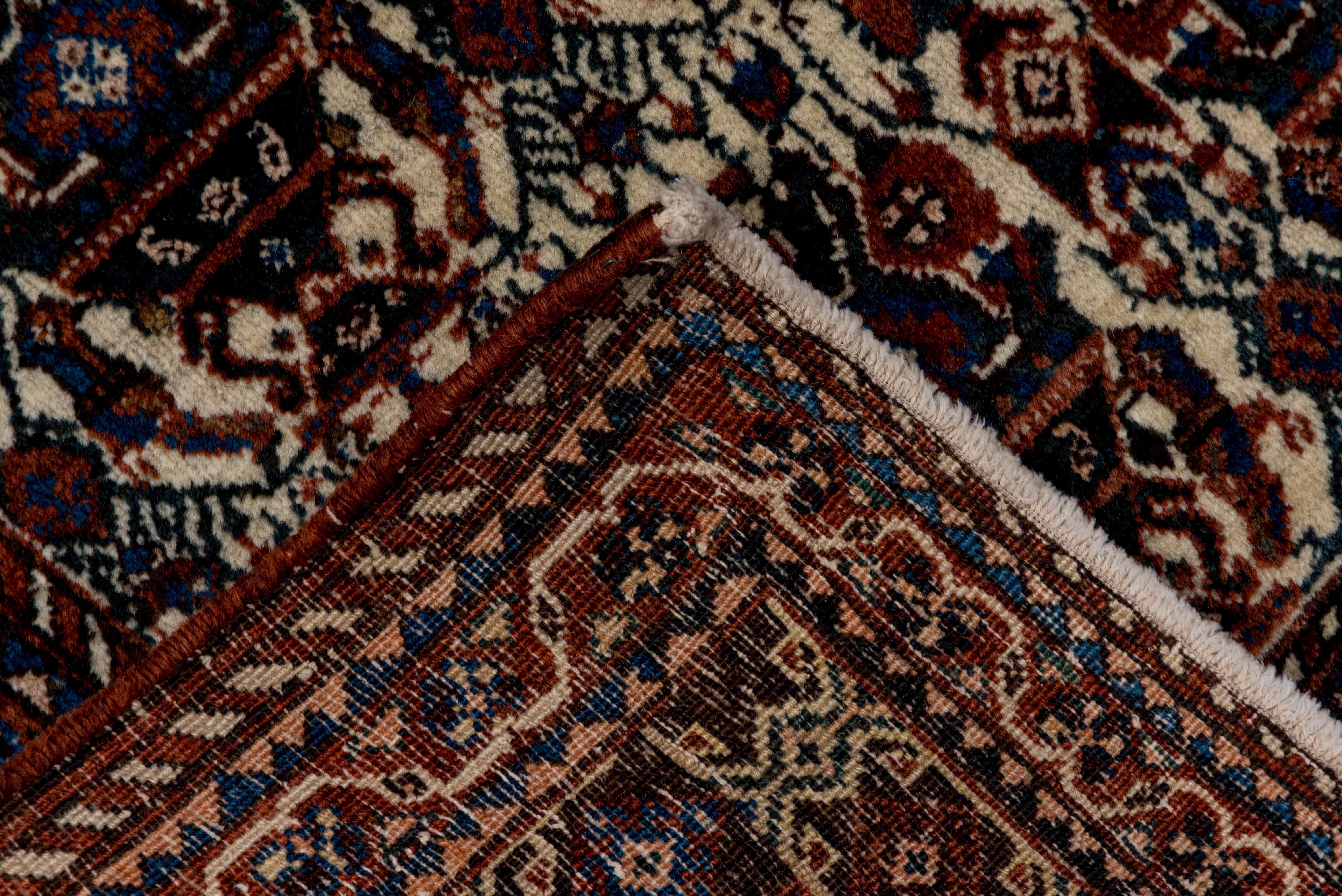 This well-woven south Persian tribal scatter features an ivory field with closely set offset rows of vases flanked by highly stylized birds. Thin, straight lines integrate the composition. Among the multiple patterned borders is a narrow main stripe