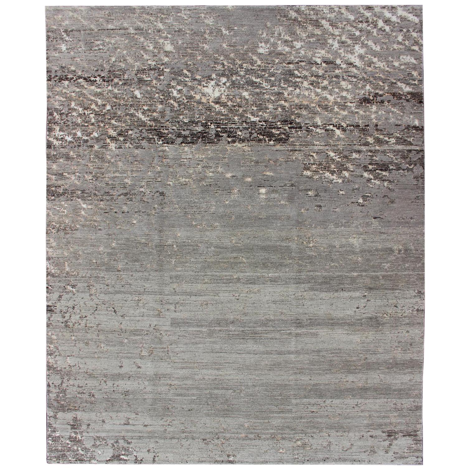 Finely Woven Wool and Silk Modern Rug from Nepal in Neutral Taupe, Gray & Silver For Sale