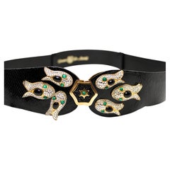 Finesse La Model Stone & Crystal Fish Motif Black Leather Vintage Waist Belt