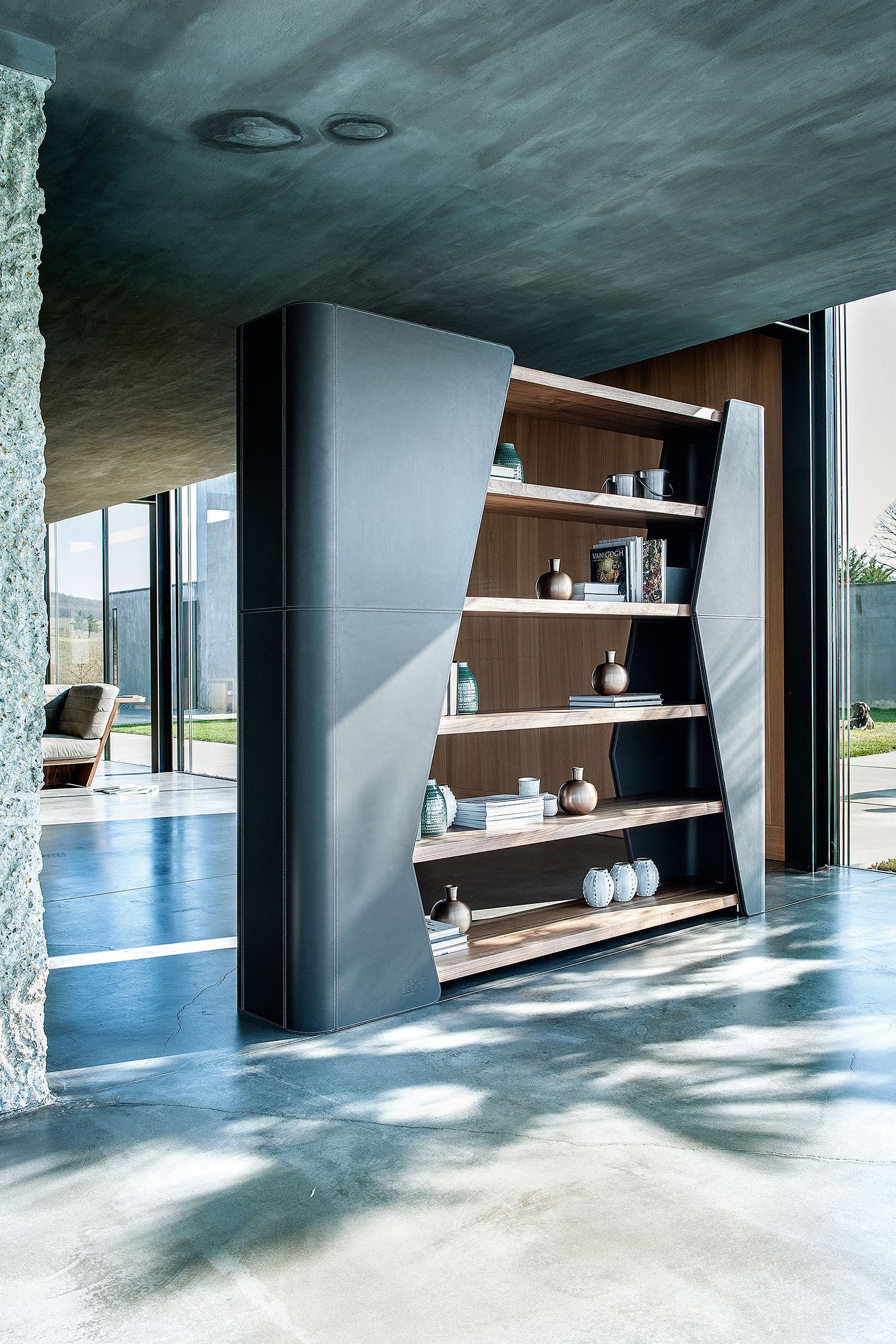 Finesse Wood & Leather Bookcase by Karim Rashid, Made in Italy For Sale 1