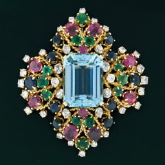 Finest 18k Gold GIA Aquamarine Sapphire Ruby Diamond Emerald Fancy Floral Brooch