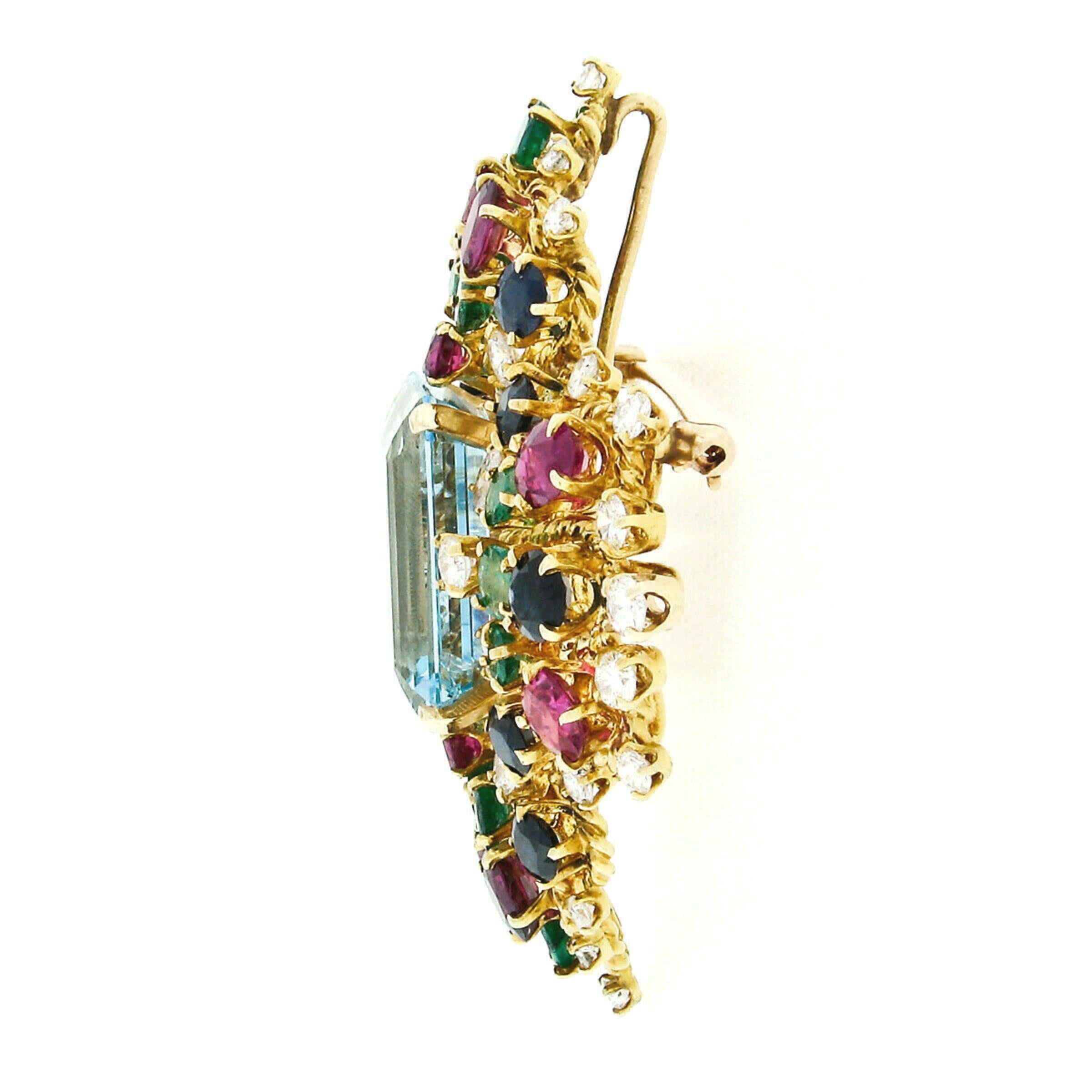 Emerald Cut Finest 18k Gold GIA Aquamarine Sapphire Ruby Diamond Emerald Fancy Floral Brooch For Sale