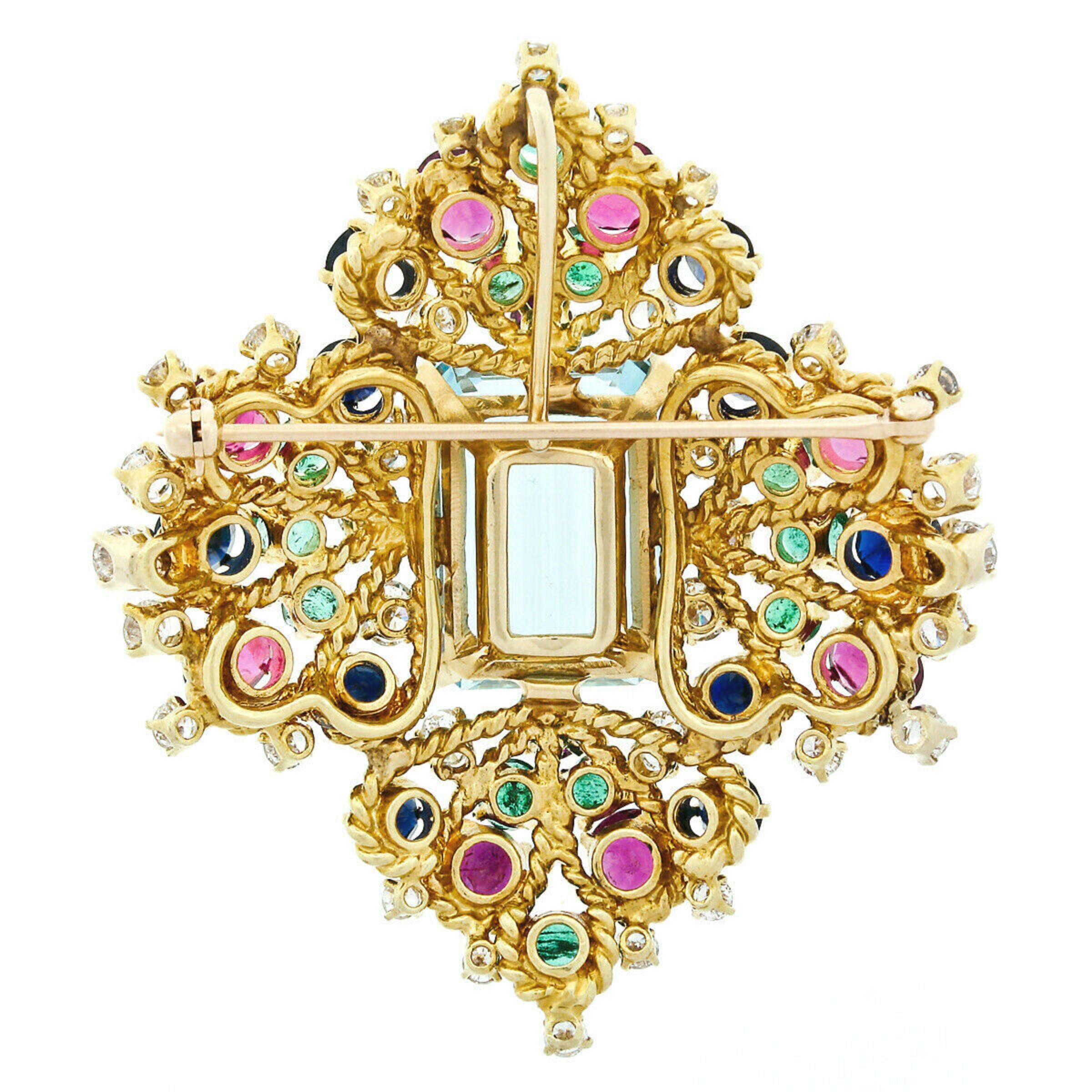 Fancy Floral Brosche, feinster 18k Gold GIA Aquamarin Saphir Rubin Diamant Smaragd Damen im Angebot