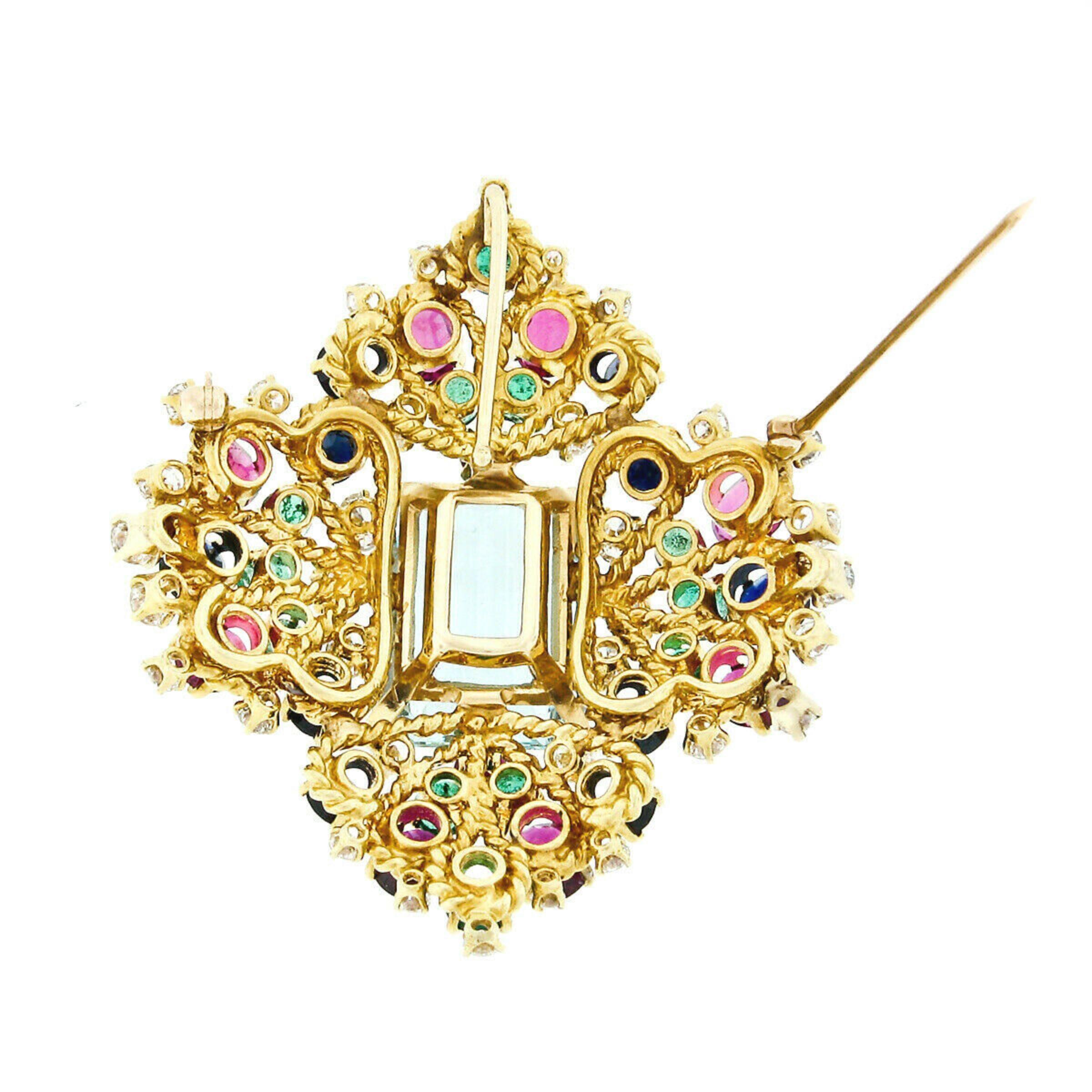 Finest 18k Gold GIA Aquamarine Sapphire Ruby Diamond Emerald Fancy Floral Brooch For Sale 1