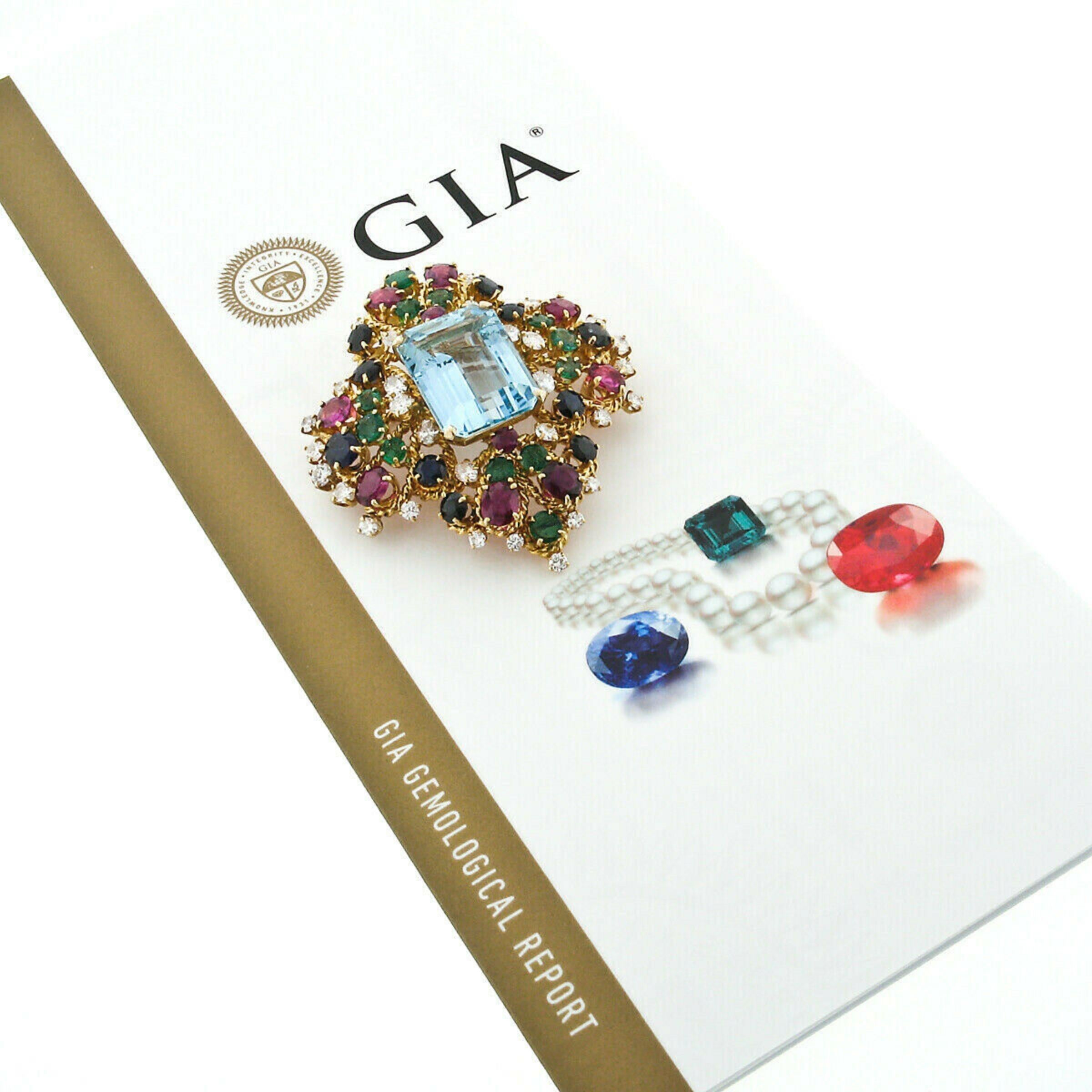 Finest 18k Gold GIA Aquamarine Sapphire Ruby Diamond Emerald Fancy Floral Brooch For Sale 2