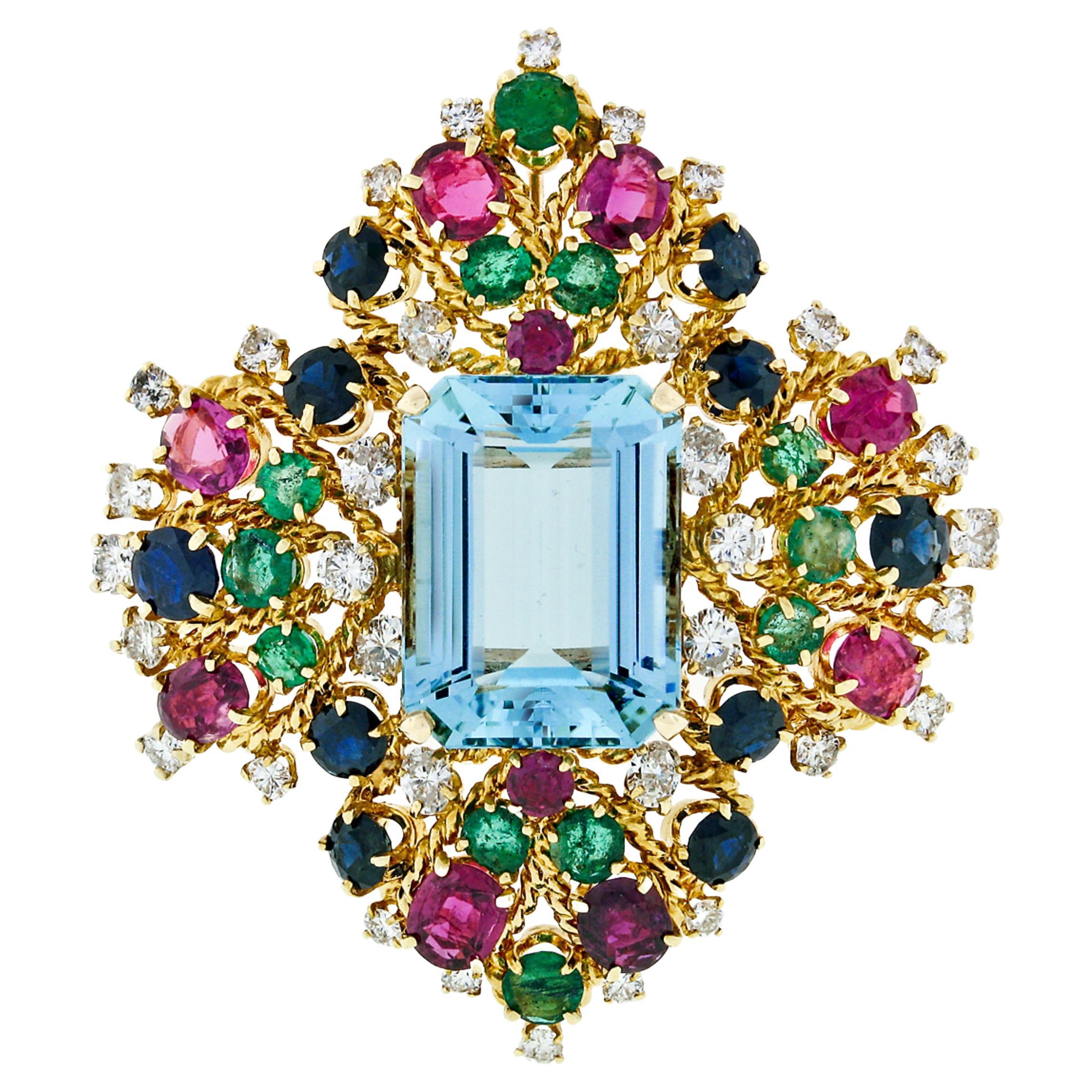 Finest 18k Gold GIA Aquamarine Sapphire Ruby Diamond Emerald Fancy Floral Brooch For Sale