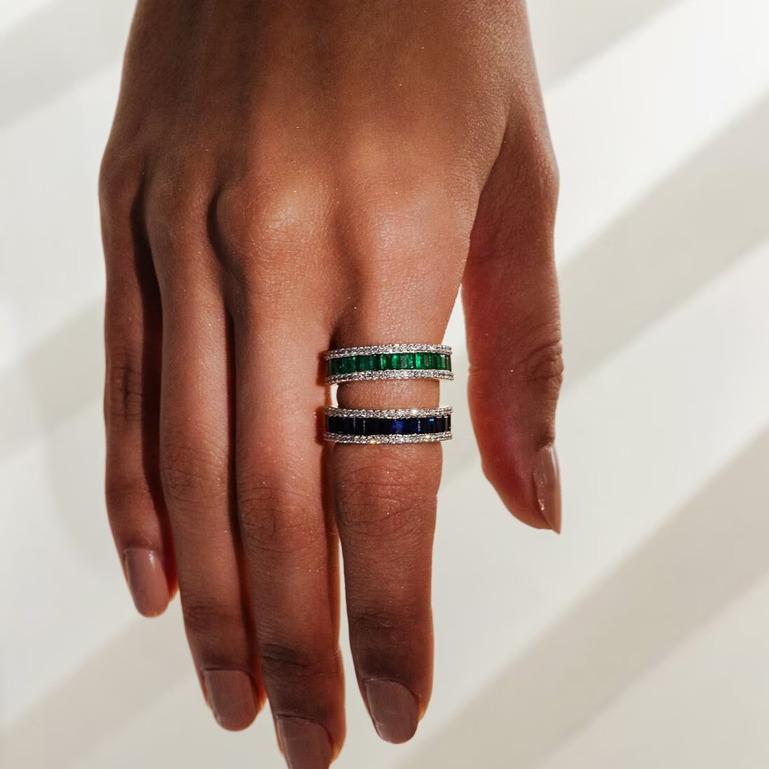 For Sale:  18k Yellow Fine Gold Baguette Cut Emerald and Diamond Engagement Band Ring 6