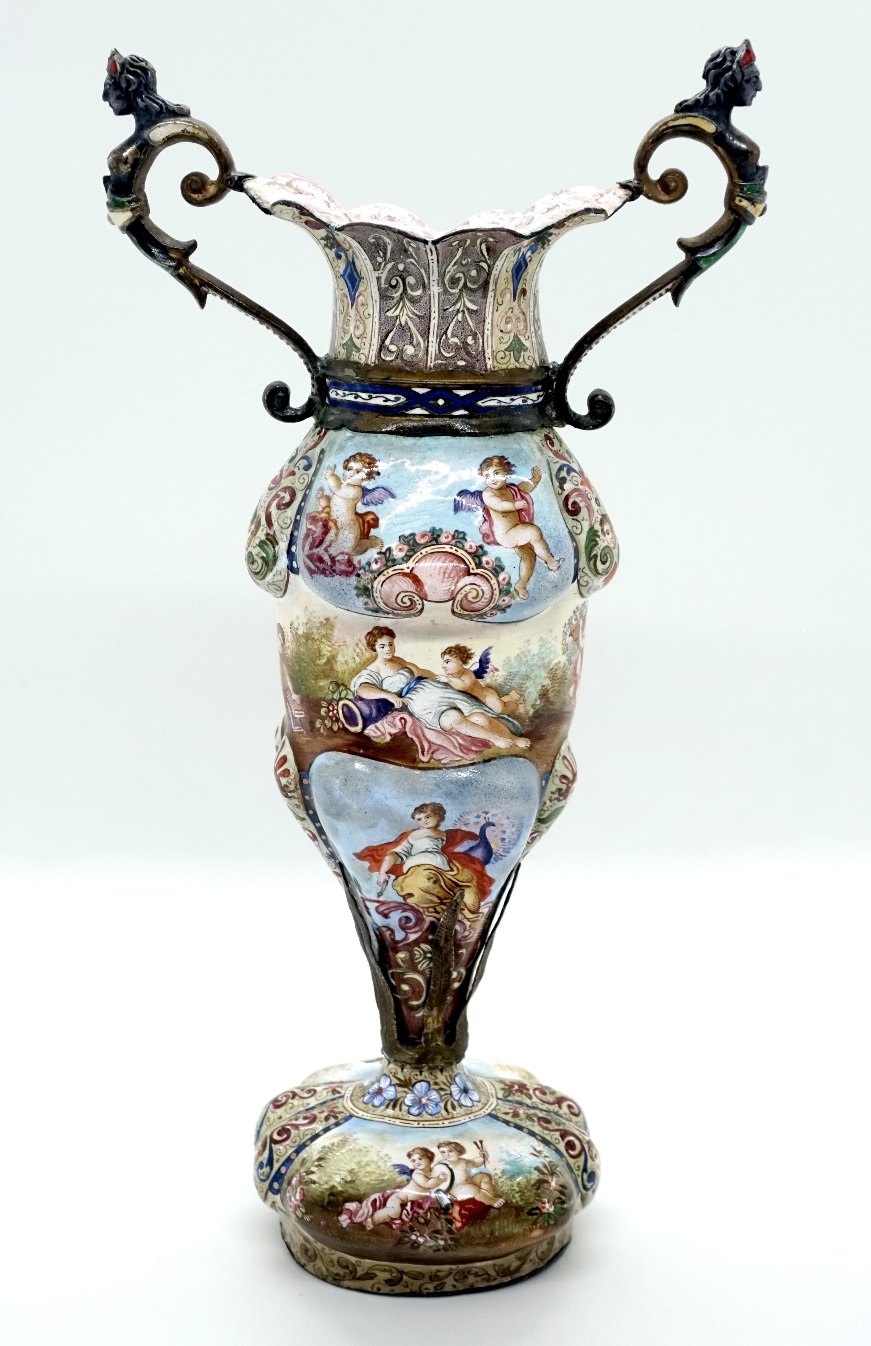 Baroque Finest 19th Century Viennese Enamel Amphora with Cupids and Antique Scenes