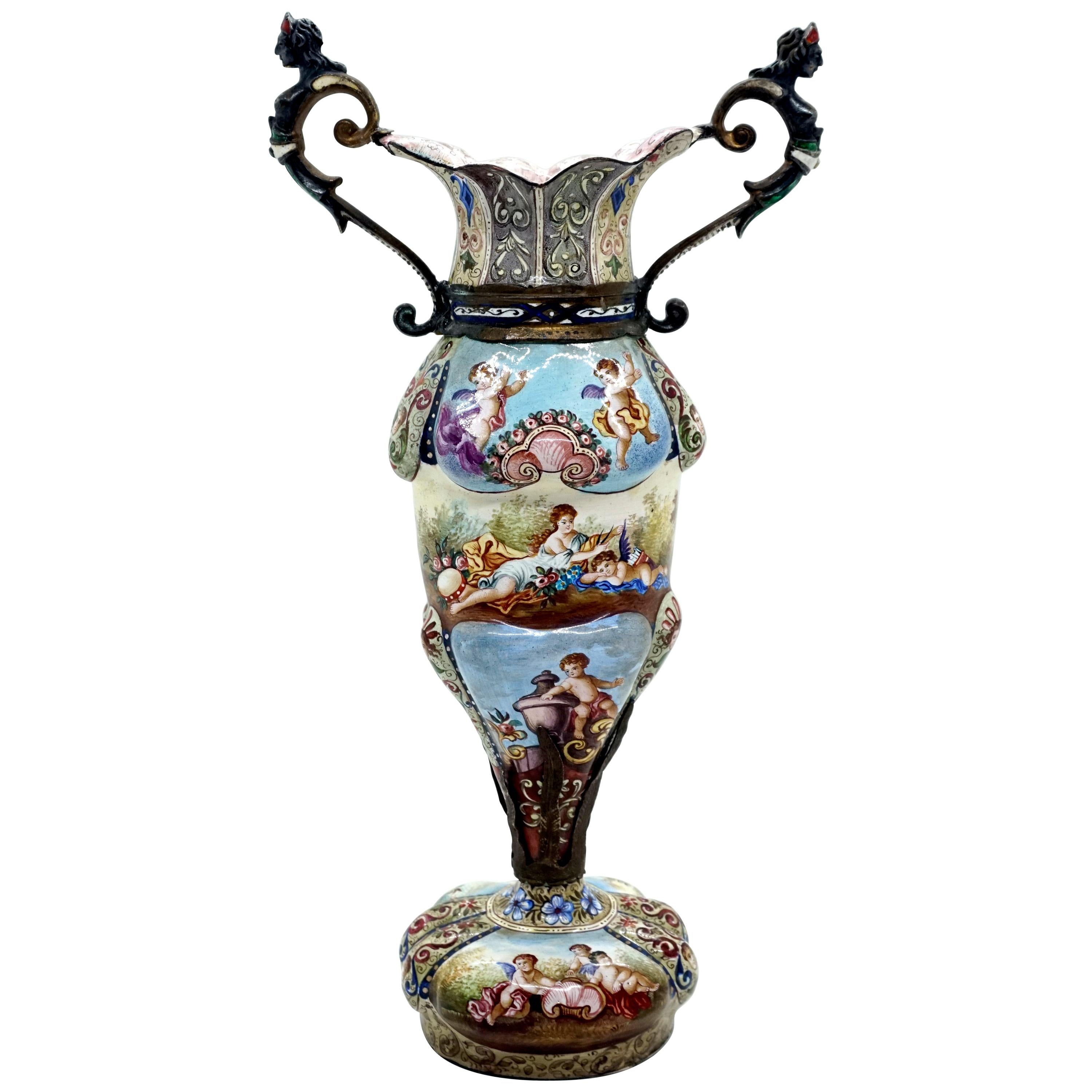 Finest 19th Century Viennese Enamel Amphora with Cupids and Antique Scenes