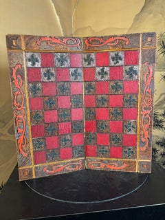 Fine Antique American 1905 Arts And Crafts Pyrography Game Board  Hand Painted