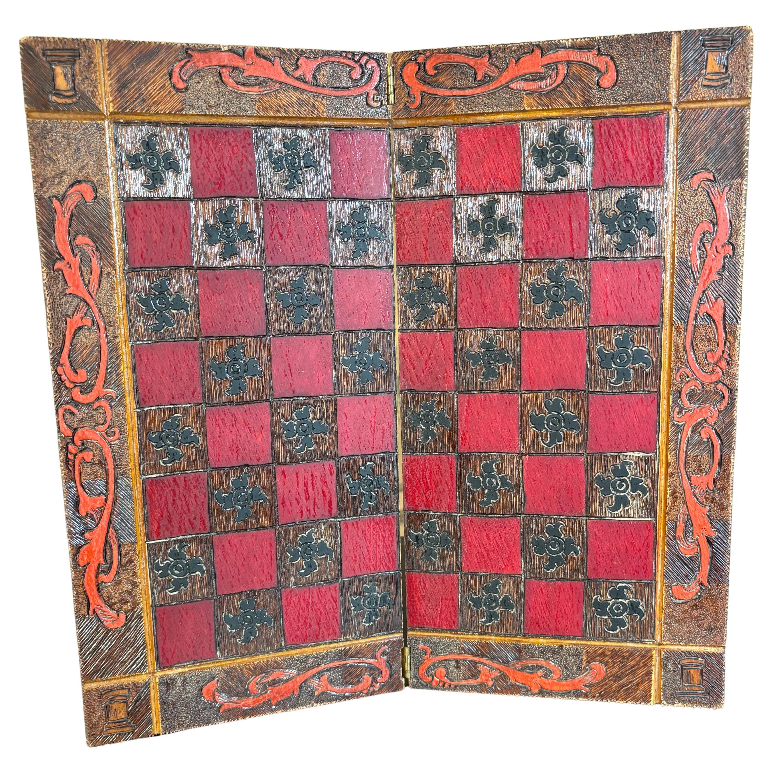 Finest Antique American 1905 Folk Art Pyrography Game Board Hand Painted Signed