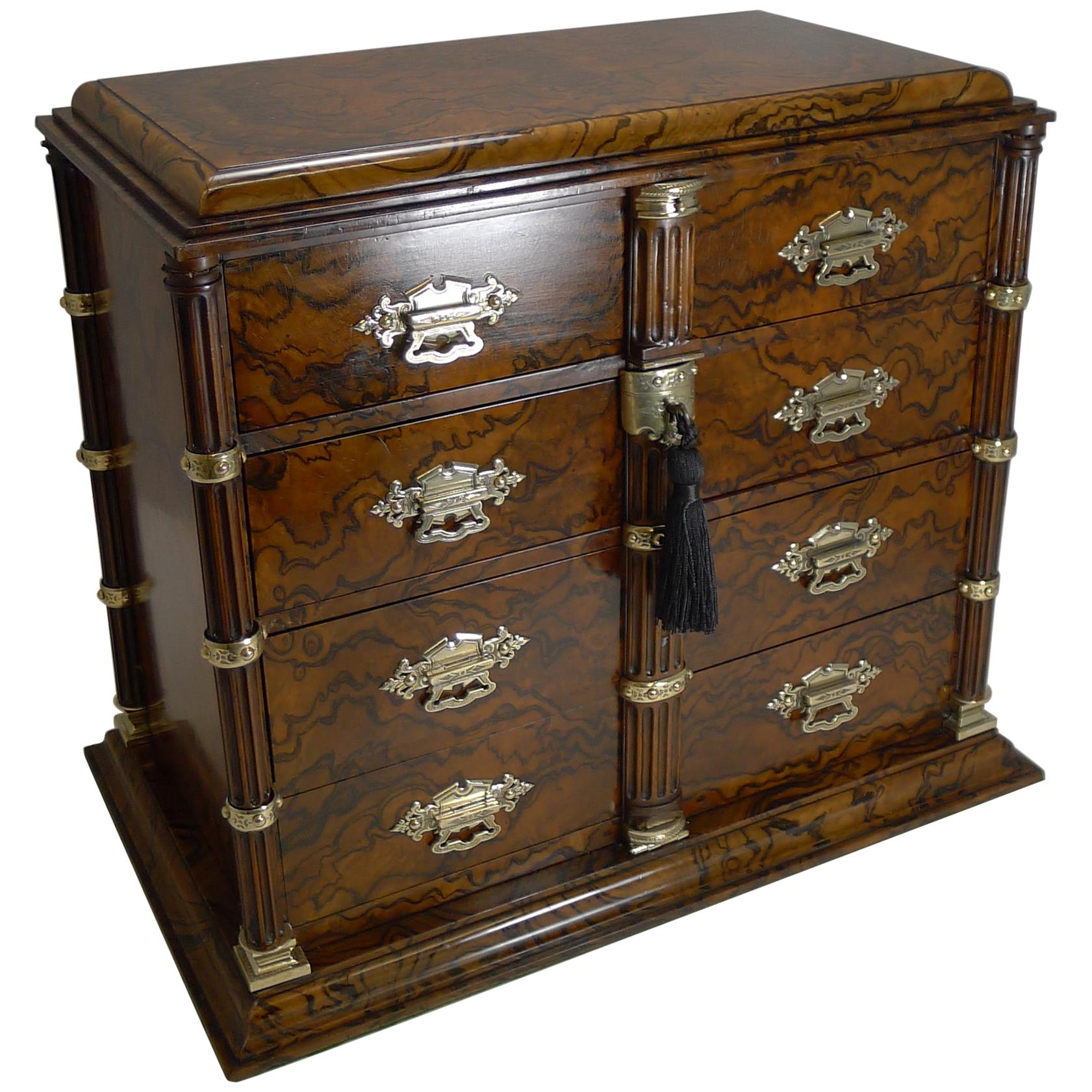 Finest Antique English Burr Walnut and Brass Cigar Cabinet / Humidor, circa 1880 For Sale