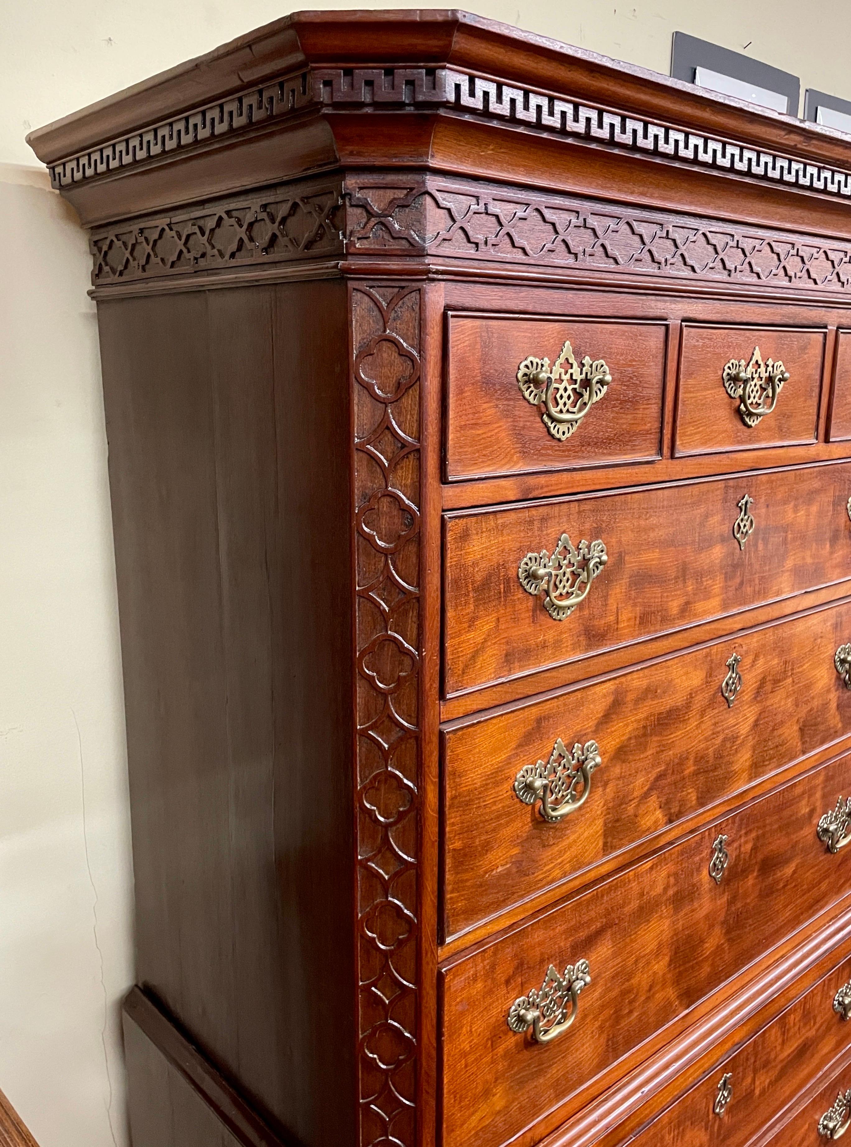 Finest Antique English Geo. III Figured Mahogany Chippendale Chest on Chest For Sale 7