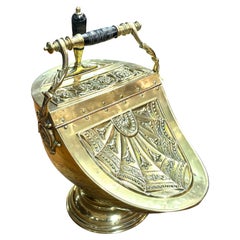 Finest Antique English Hand Chased Brass Adam Style Helmut-shaped Coal Hod