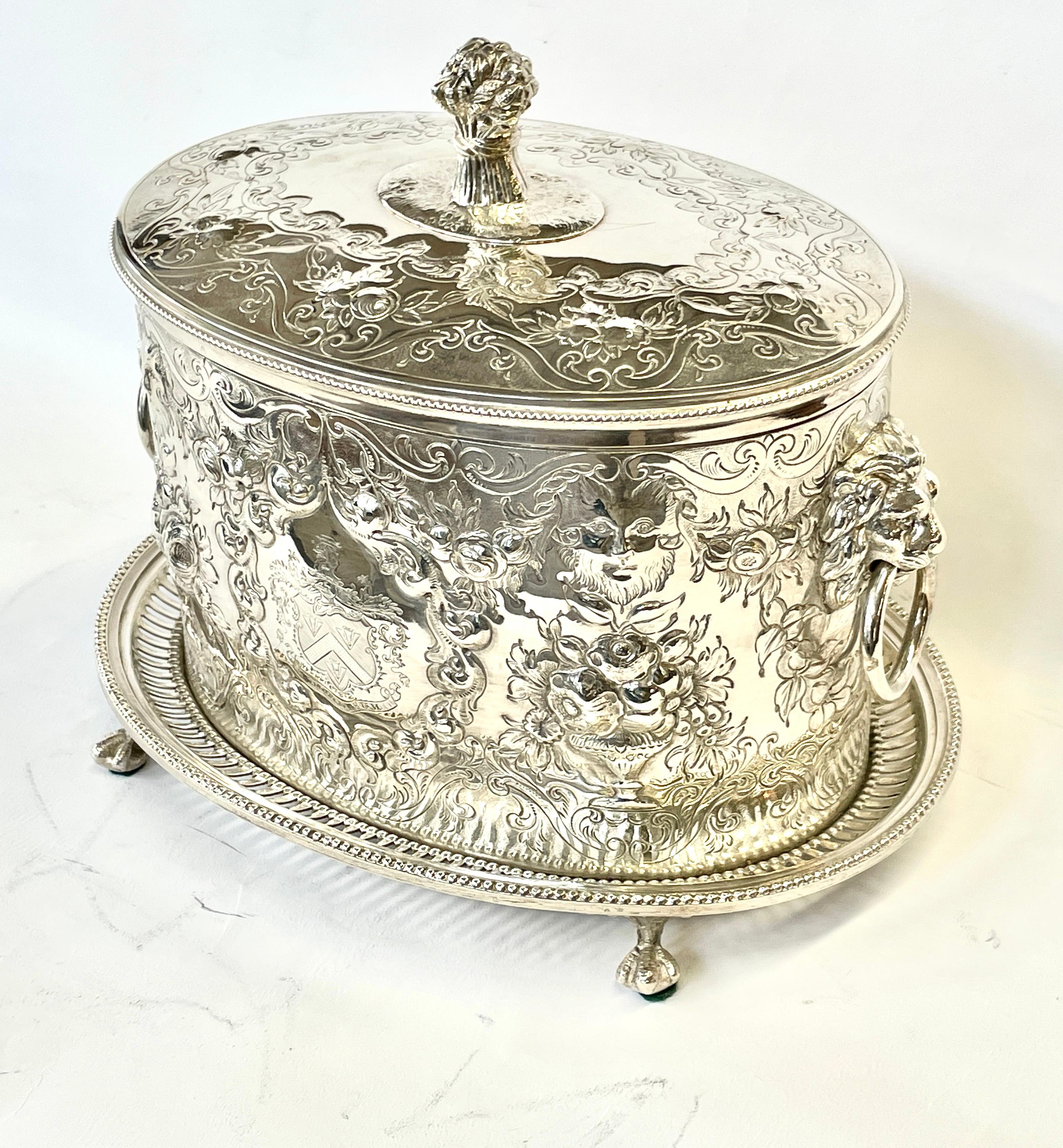 Regency Finest Antique English Hand Chased & Engr. S/P Armorial Crested Oval Biscuit Box