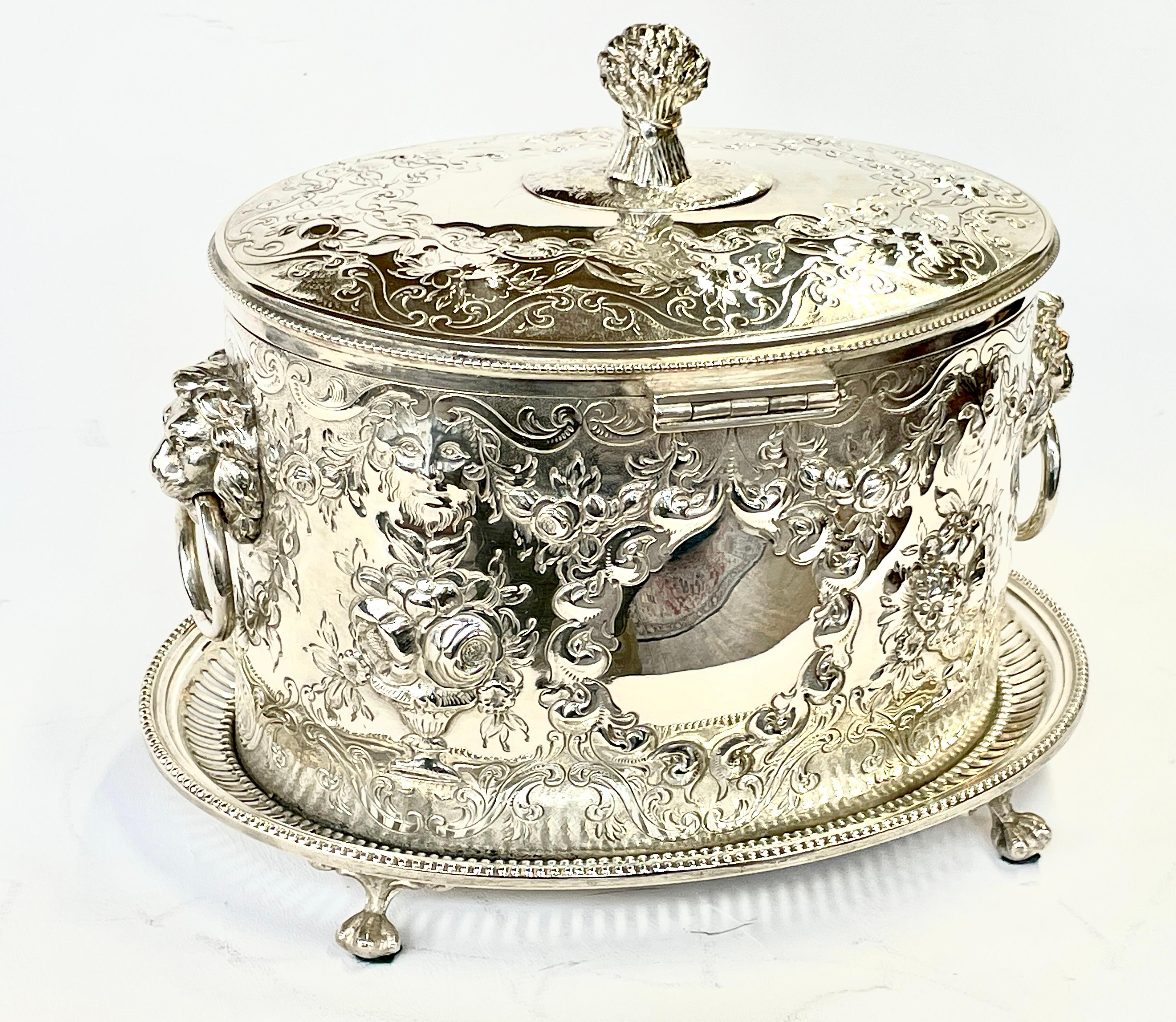 Hand-Crafted Finest Antique English Hand Chased & Engr. S/P Armorial Crested Oval Biscuit Box