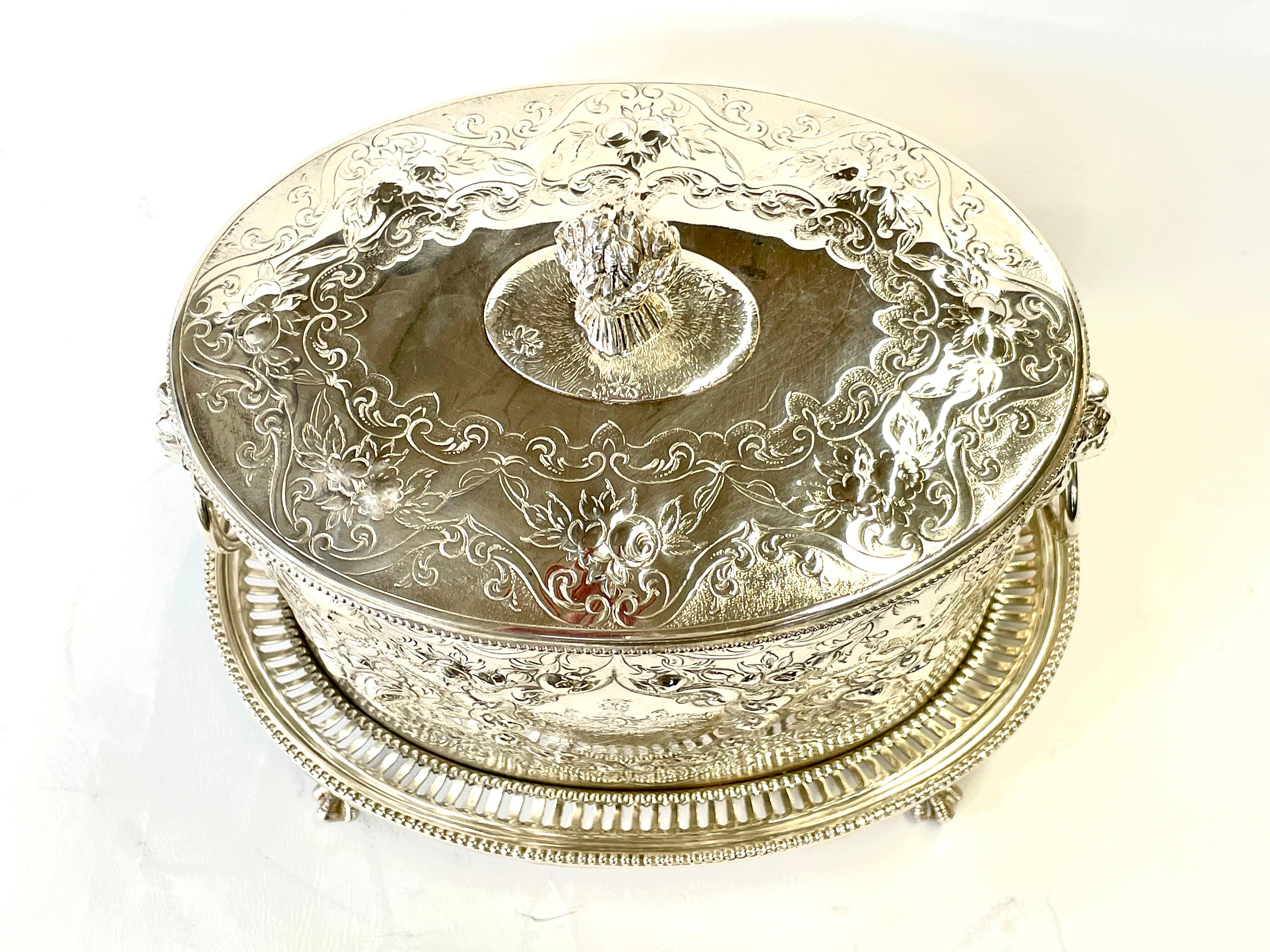 Finest Antique English Hand Chased & Engr. S/P Armorial Crested Oval Biscuit Box In Good Condition In Charleston, SC